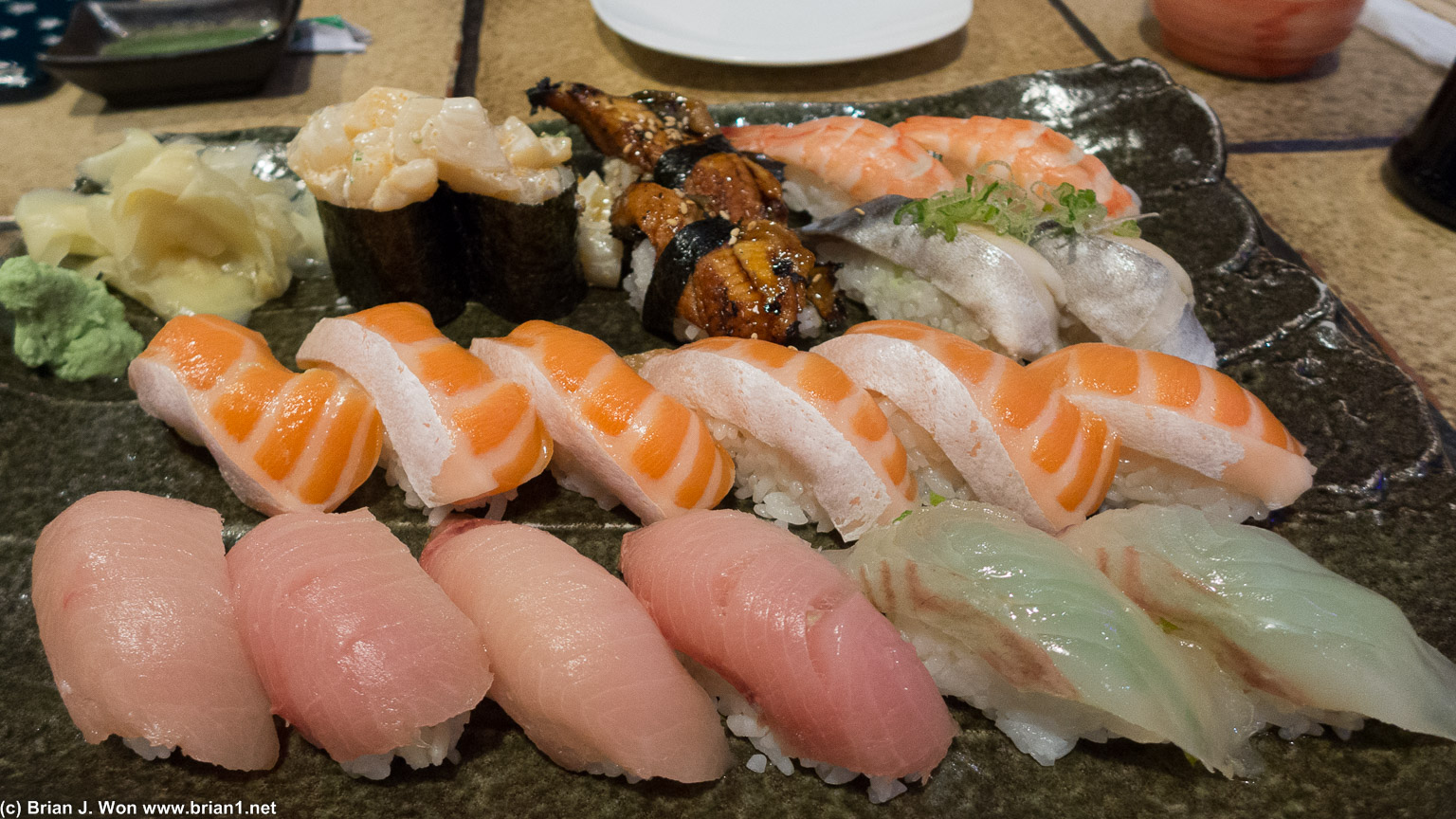 Salmon, mackerel, shrimp, eel, scallop, yellowtail...