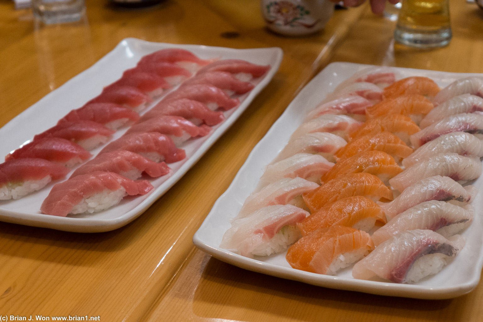 L to R: ahi, chutoro, red snapper, salmon (sake), halibut. I think?