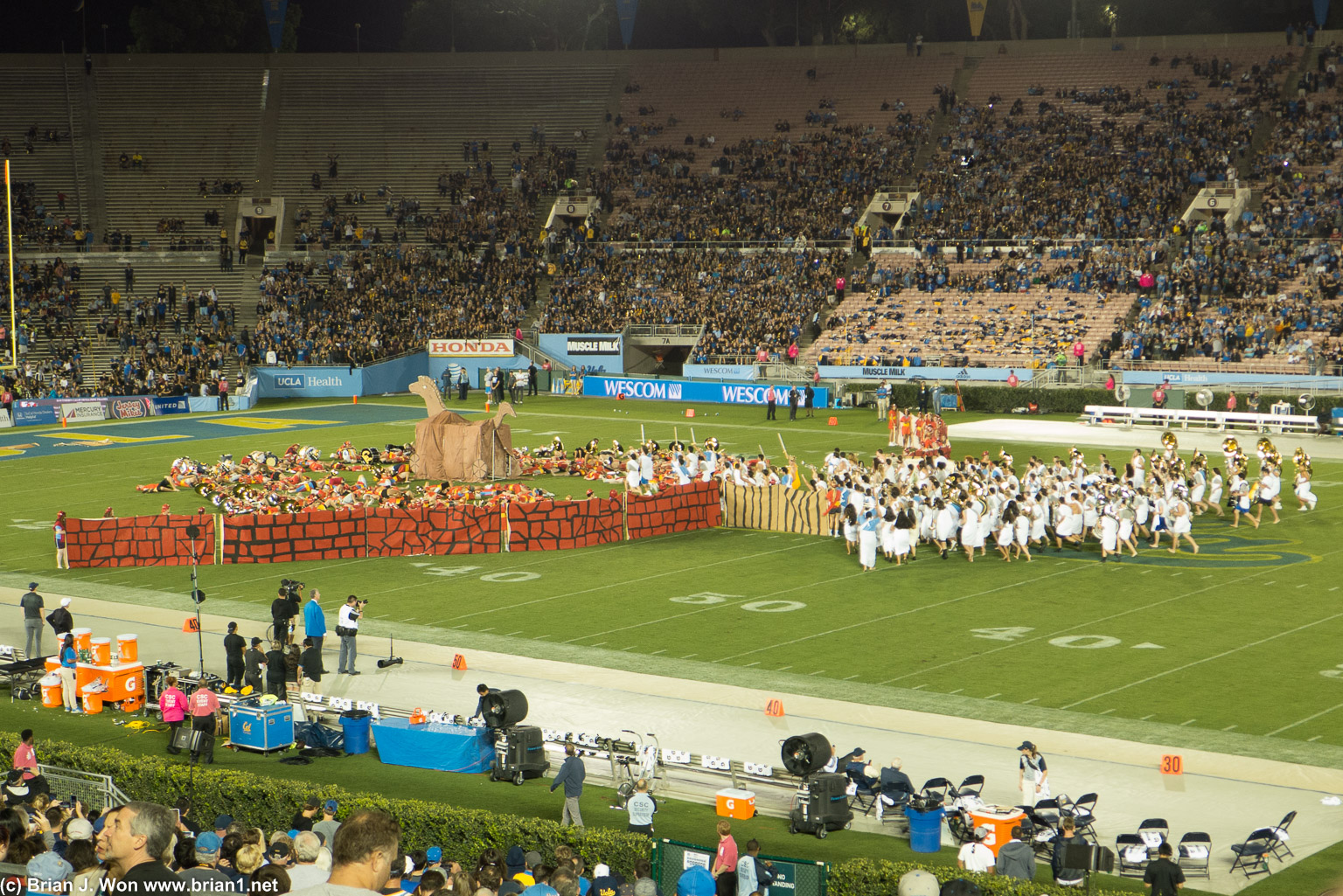 UCLA and Cal bands reenact the Trojan War.