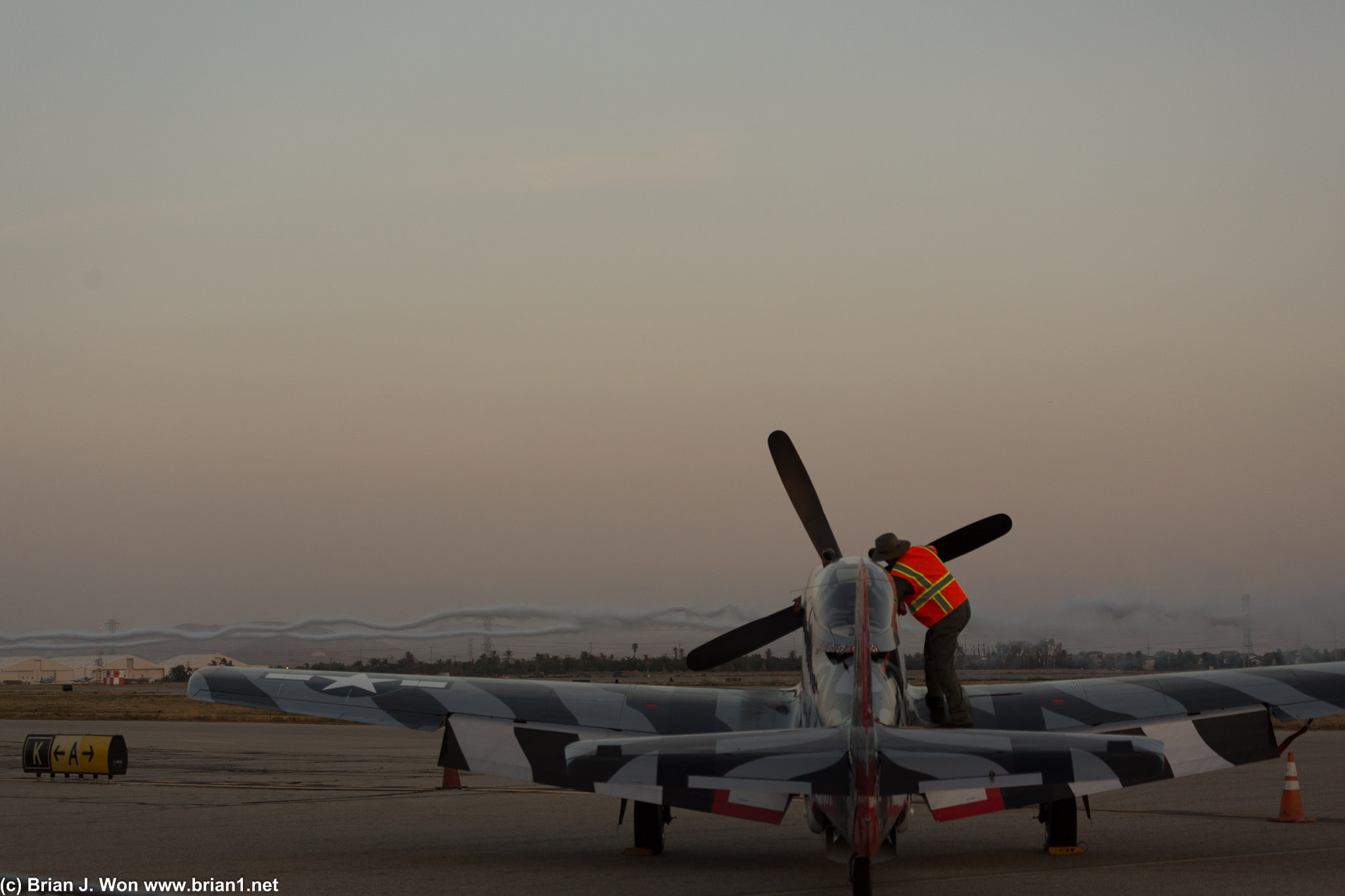 North American P-51D Mustang "Man O' War" at sunset.