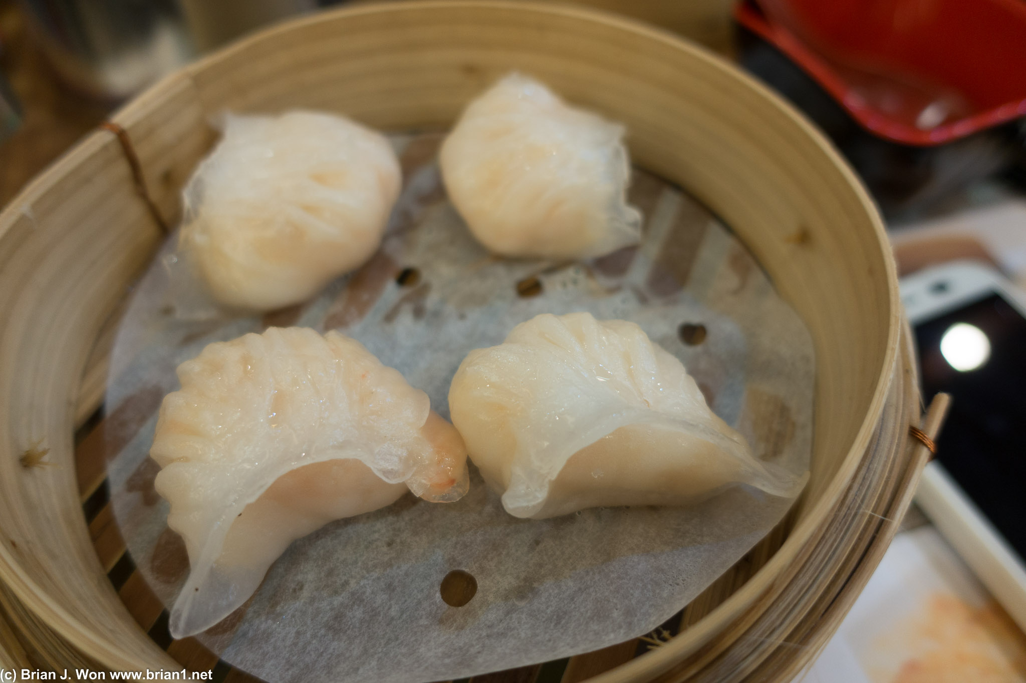 Har gow. Translucent skins, right number of folds, and tastes delicious.