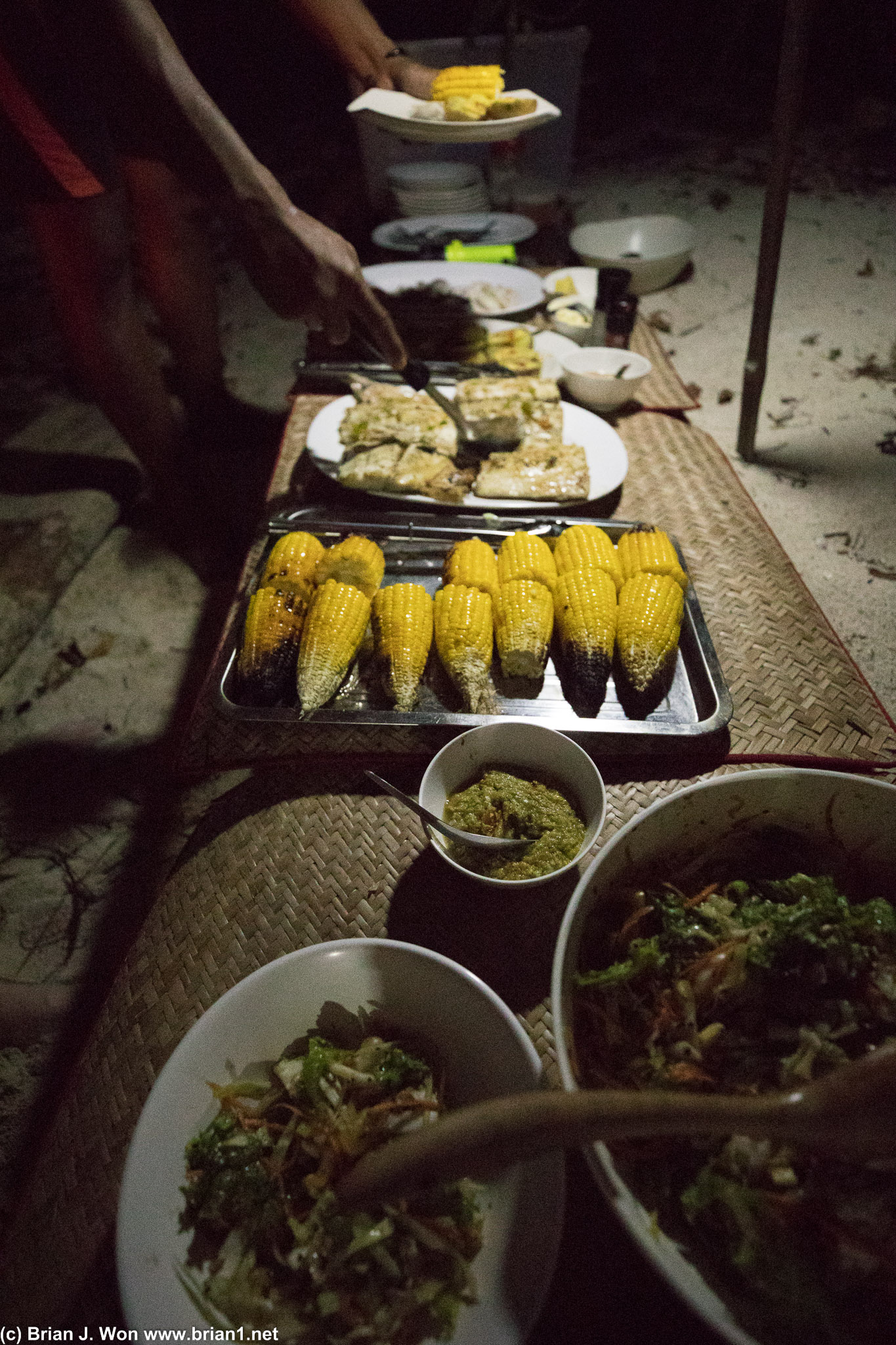 Roast corn, grilled fish, salad, potatoes... quite a meal!