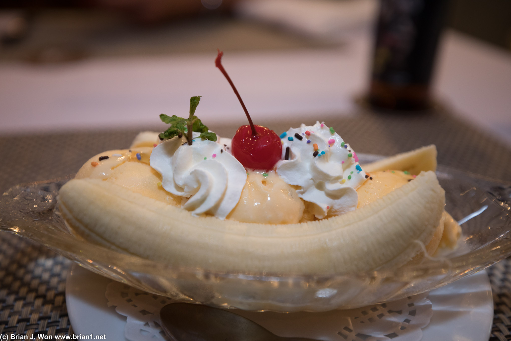 Banana split. Tried to get different flavors of ice cream, but the wait staff sucked. >_<
