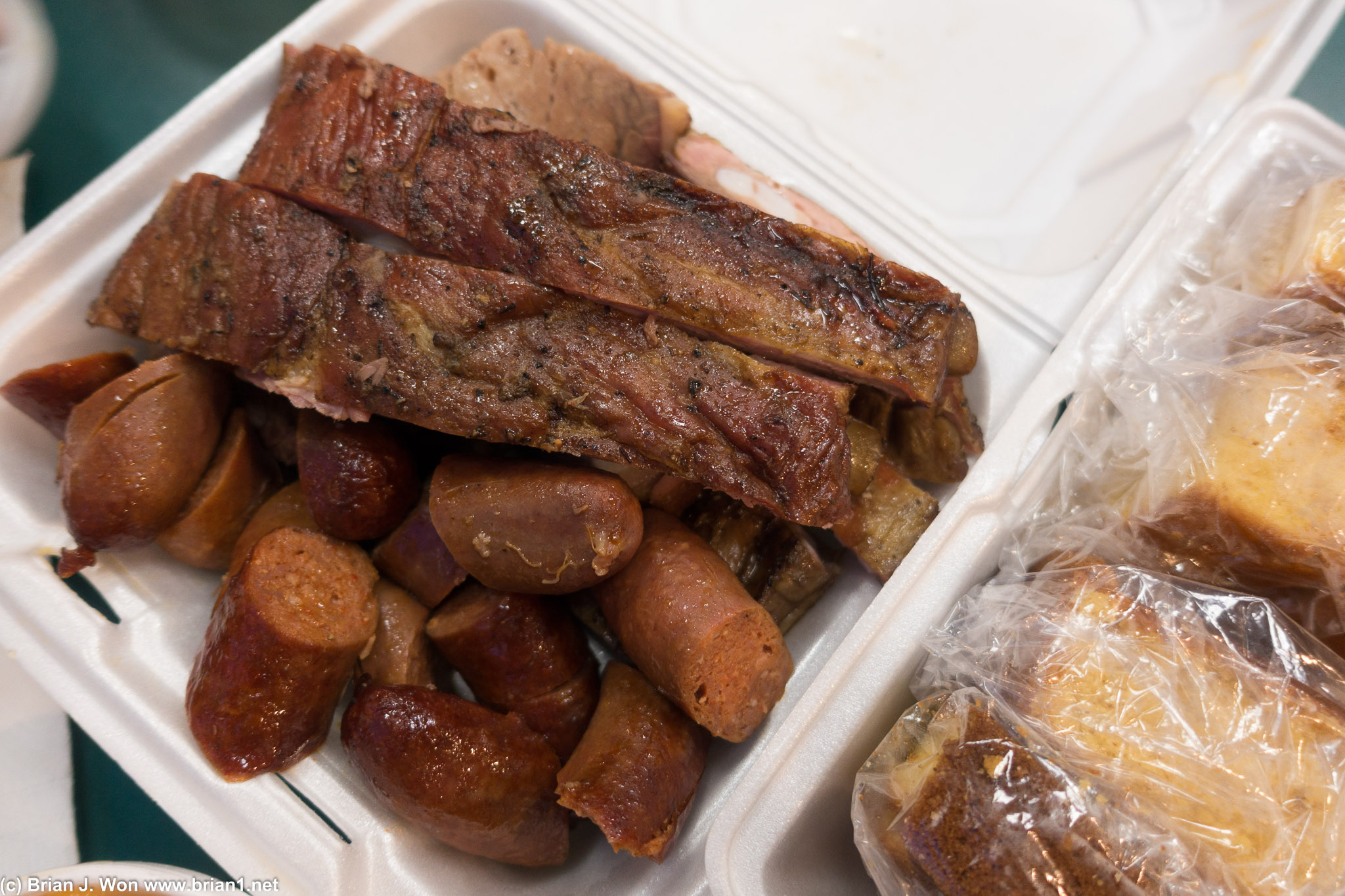 Pork ribs, rib tips, brisket, and sausage.