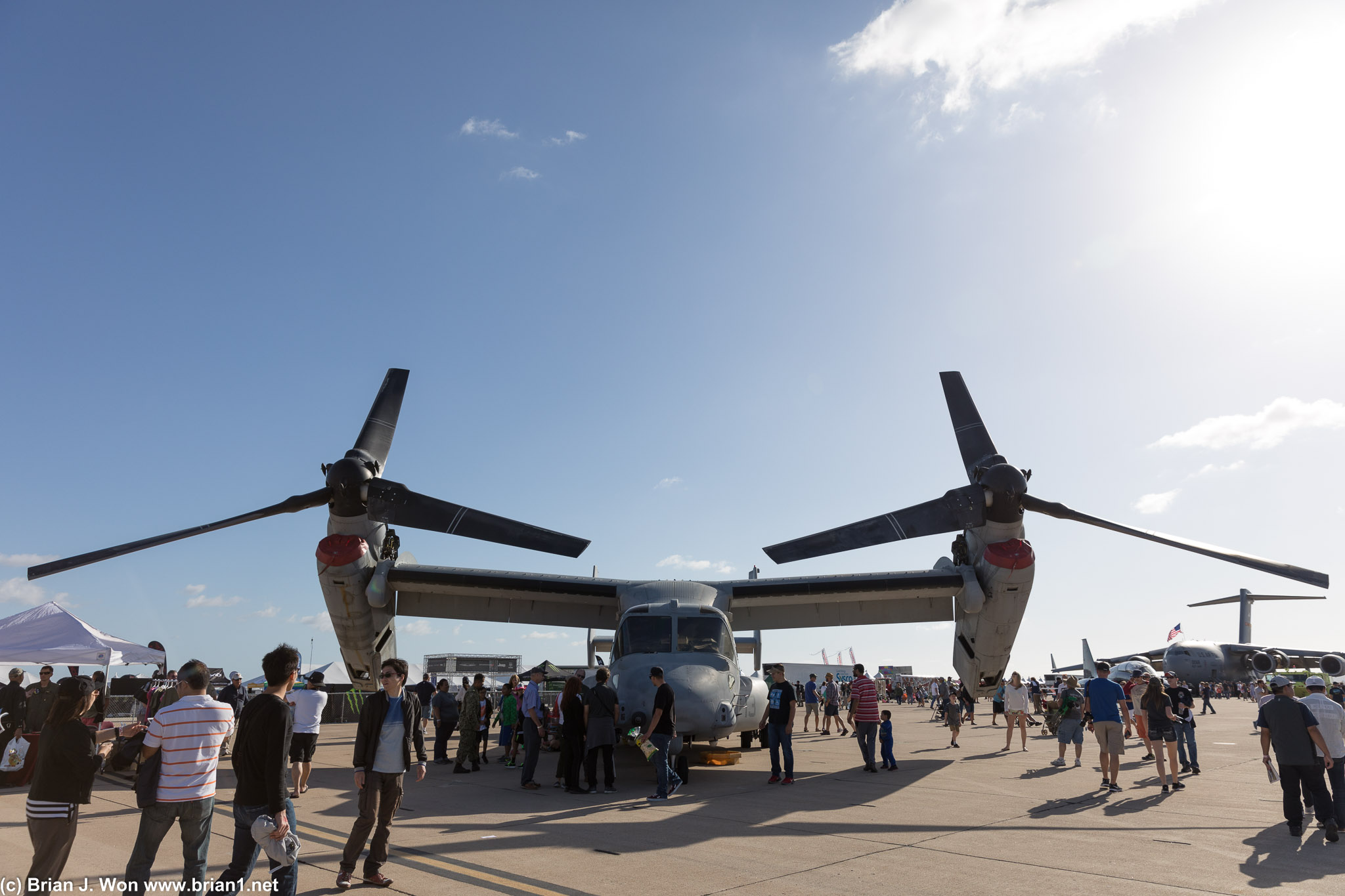 Head-on view of a parked MV-22 Osprey.