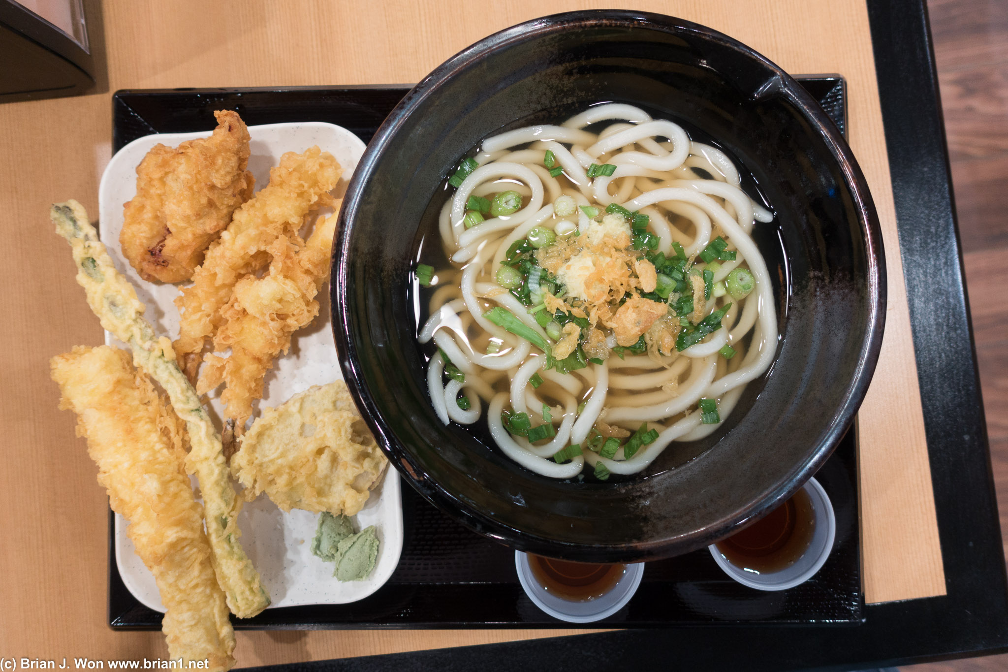 Kaka udon with several tempura sides and toppings.