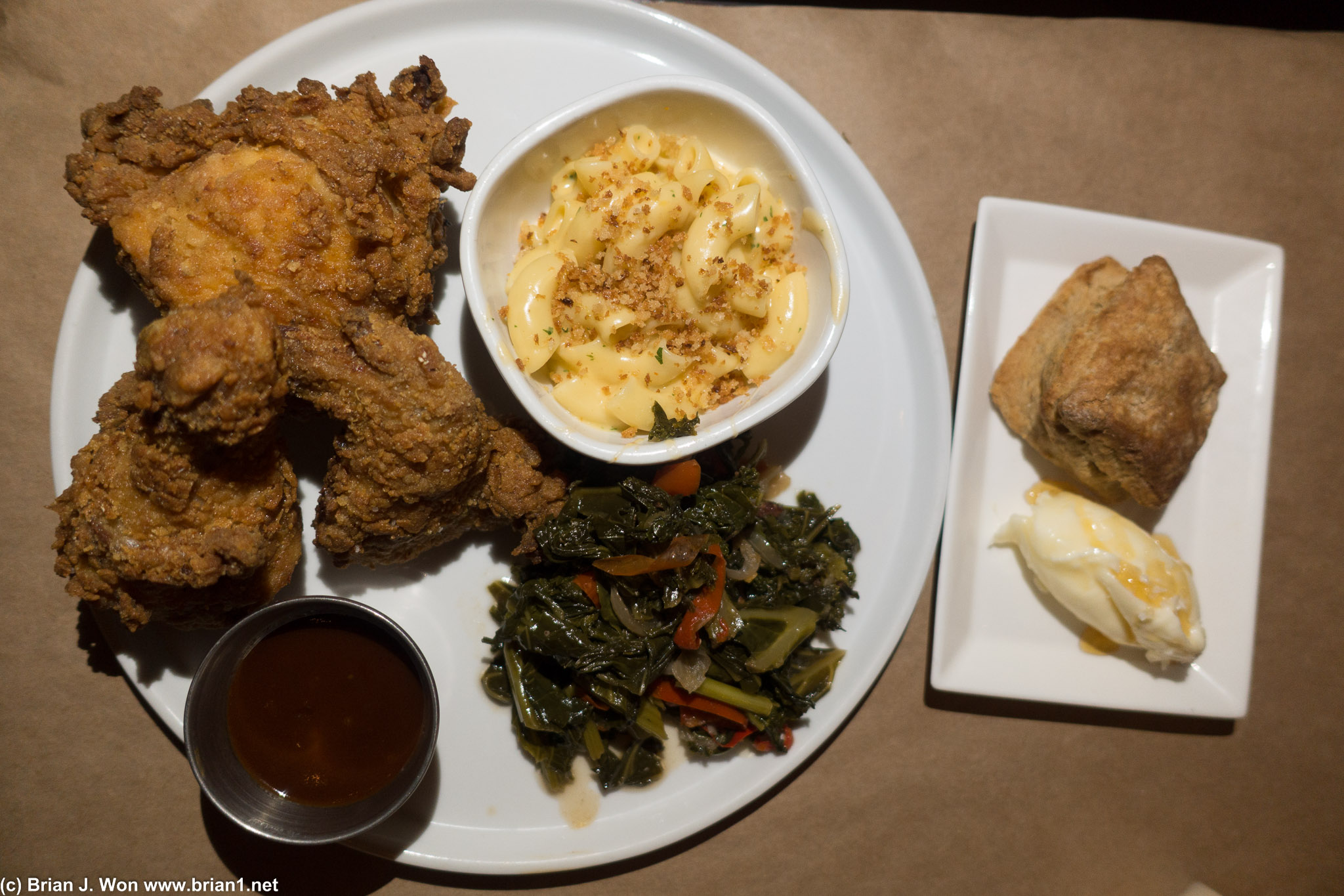 Fried chicken, collard greens, and biscuit were all very, very good. Mac and cheese was nice and light.