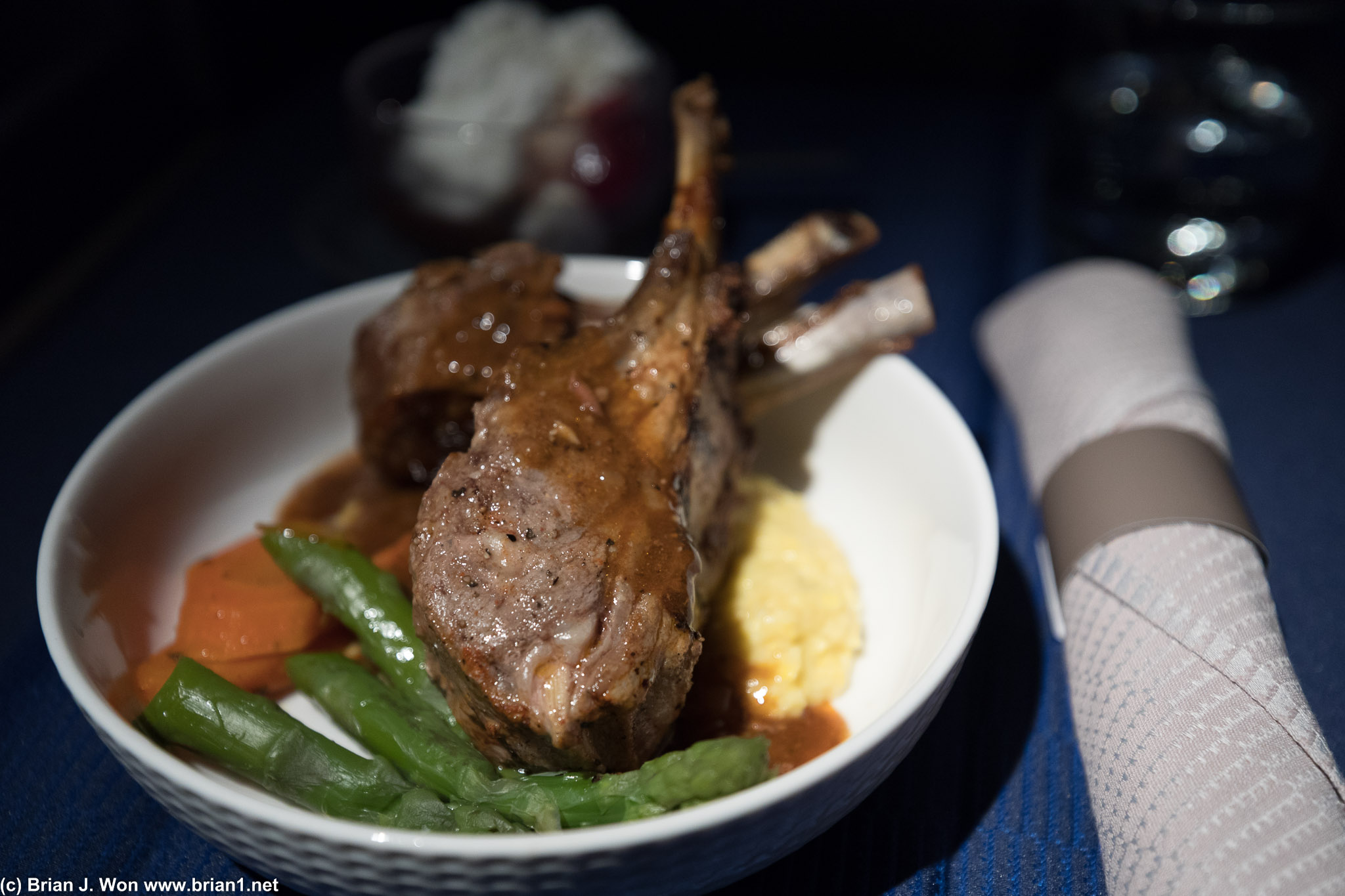 Lamb chops. Pretty good for airplane food. Note "for airplane food."