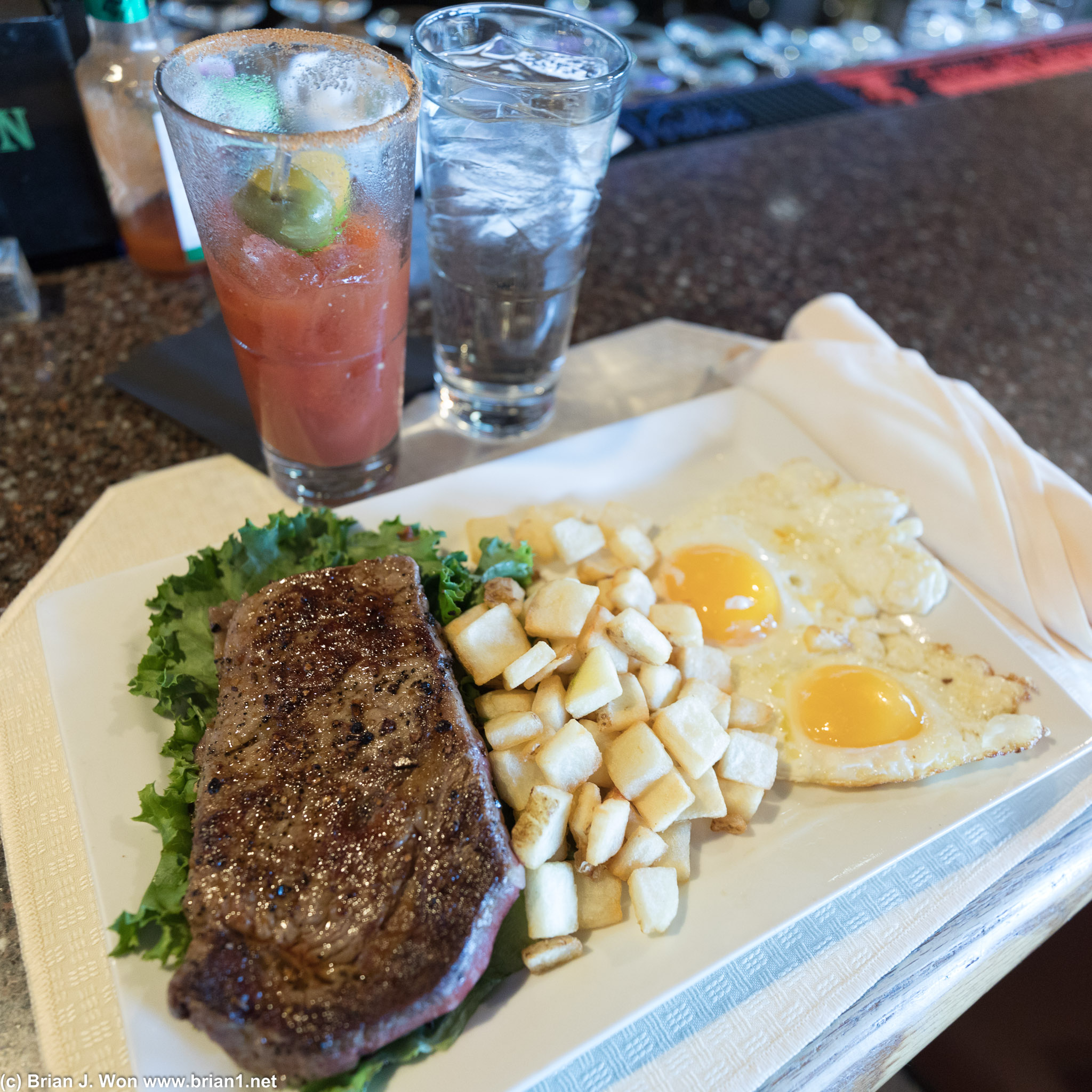 Bloody mary, steak, and eggs. Thanks Priority Pass!