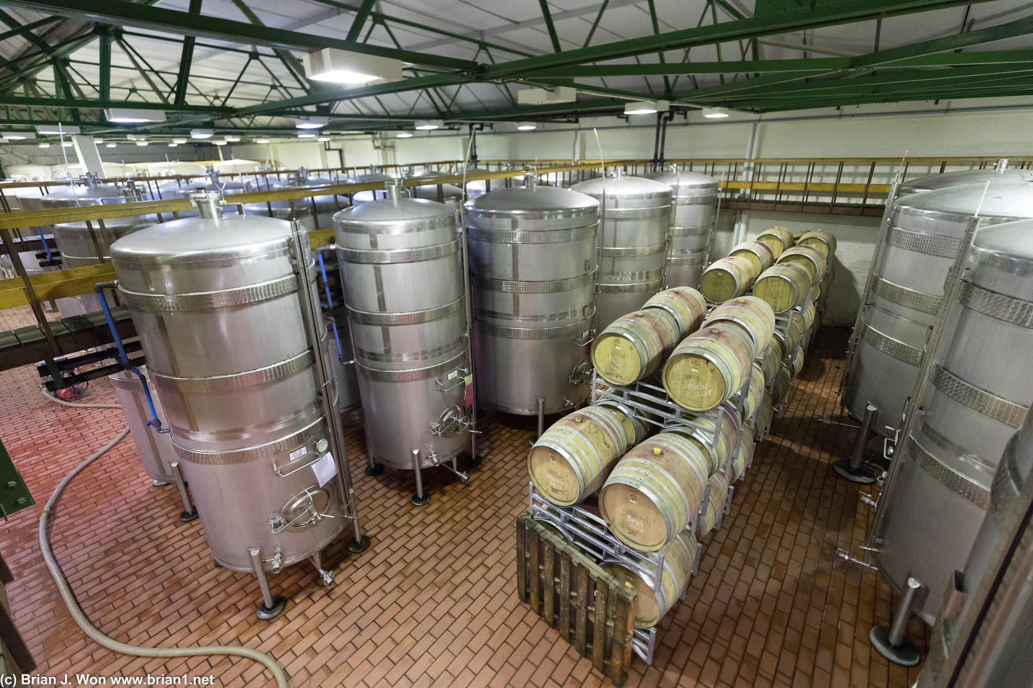 Fermentation tanks. Barrels full of merlot, 2018 production.