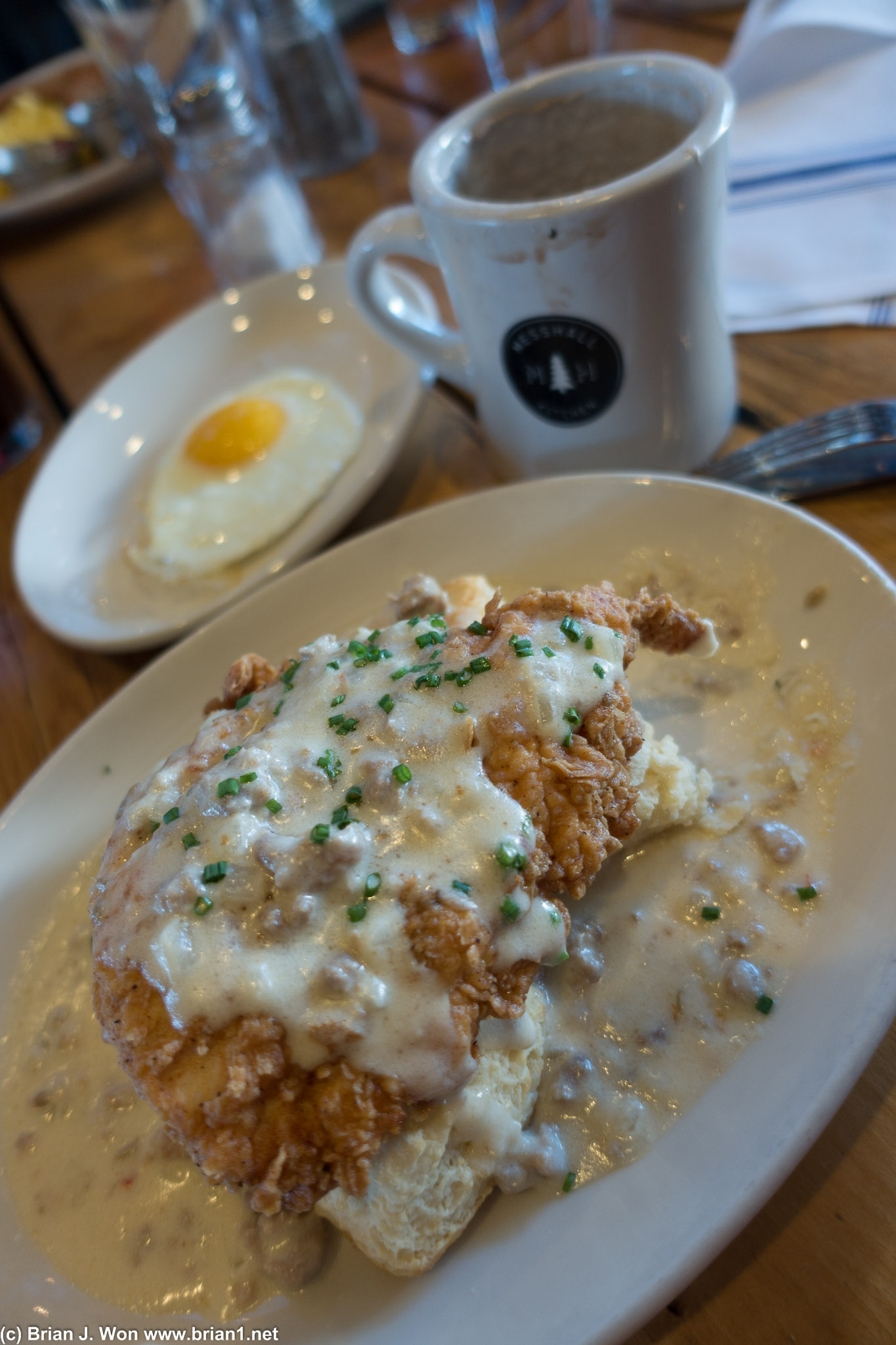 Chicken and biscuits, with an egg and some hot chocolate.