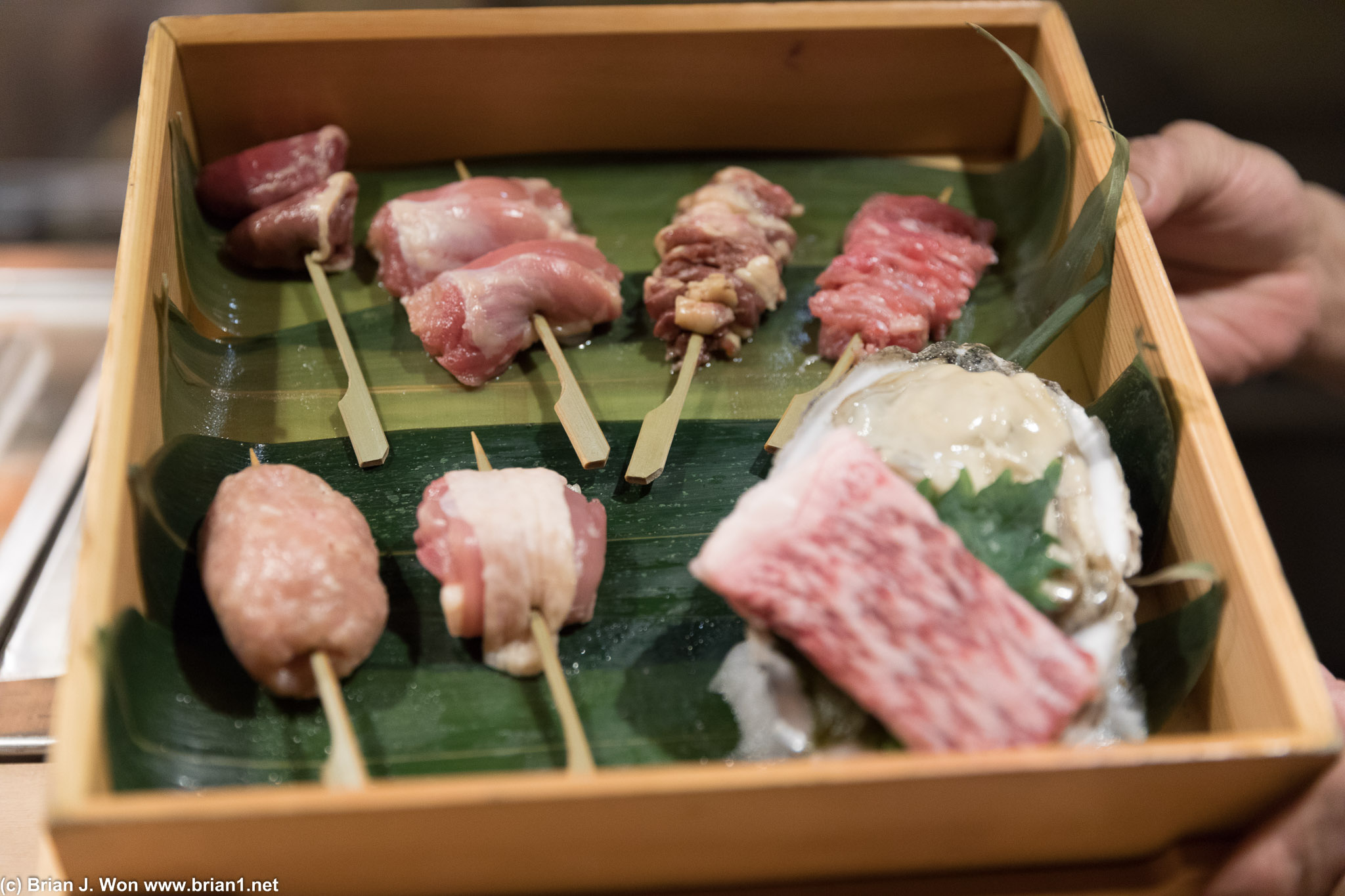 The yakitori selection, including both waygu A5 and oyster.