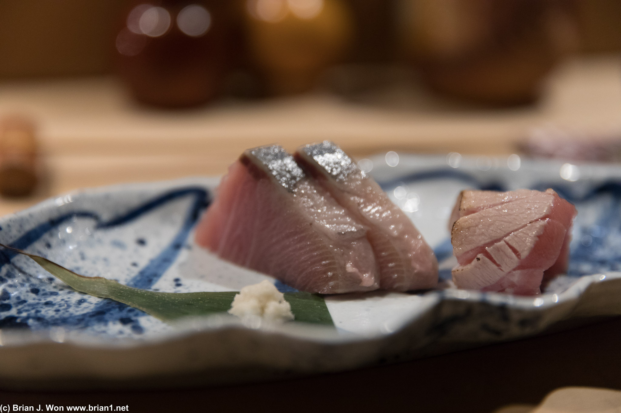 Mackerel and seared toro sashimi.