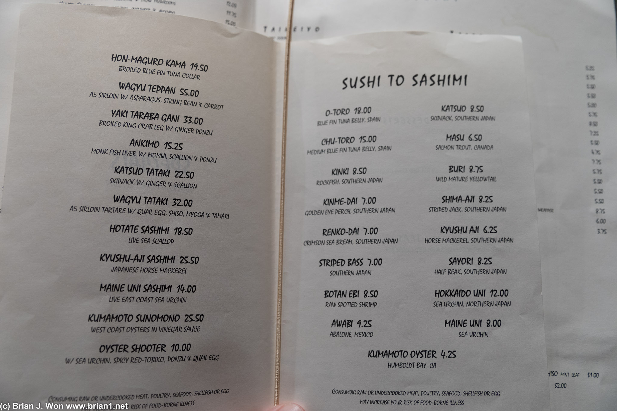 Seasonal menu at Blue Ribbon Sushi.