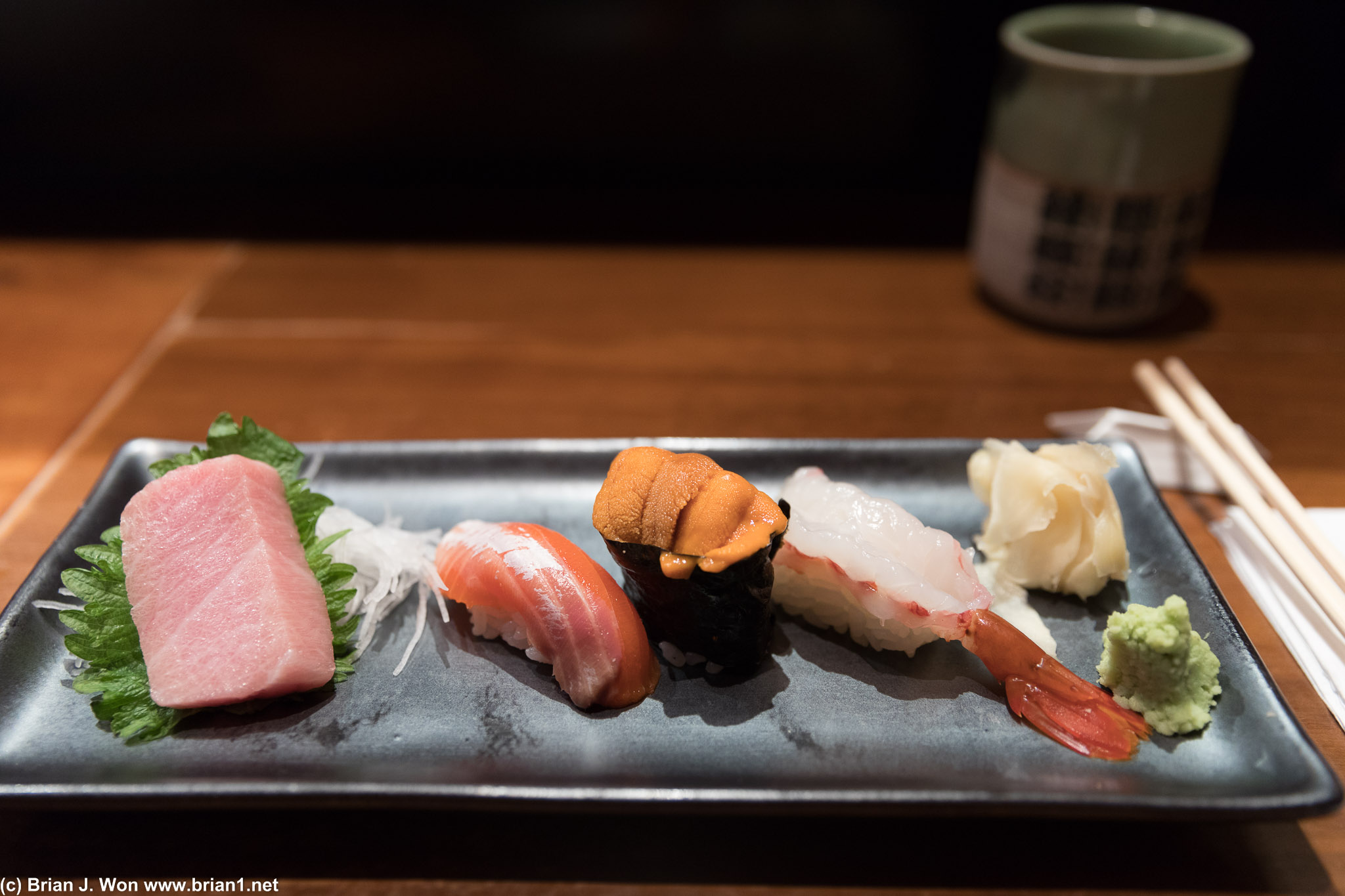 Bluefin tuna belly (o-toro), salmon (masu), Hokkaido uni, spotted shrimp (botan ebi).