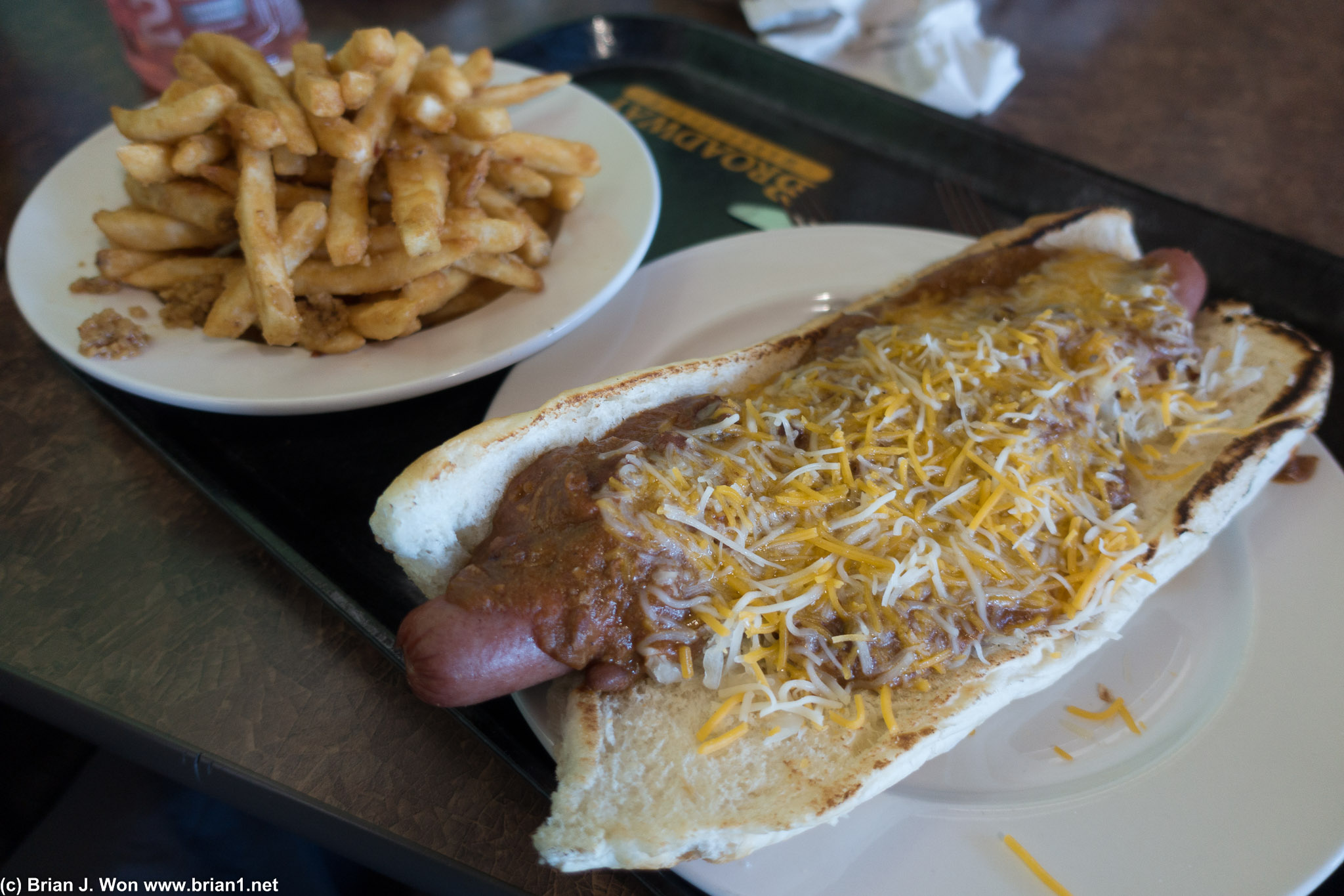 Garlic fries and foot-long chili cheese dog for lunch at Main Lodge.