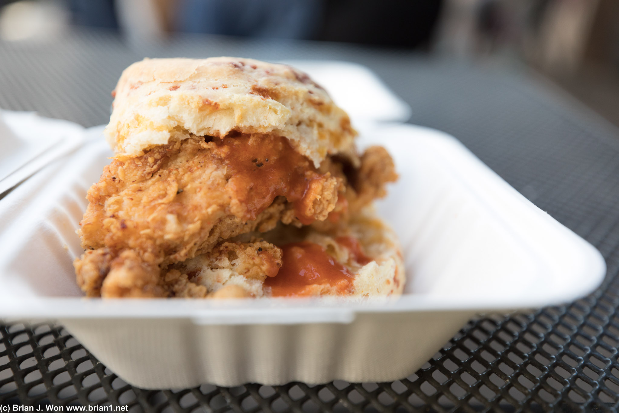 Fried chicken sandwich on a biscuit. Biscuit is more buttery than I remembered.