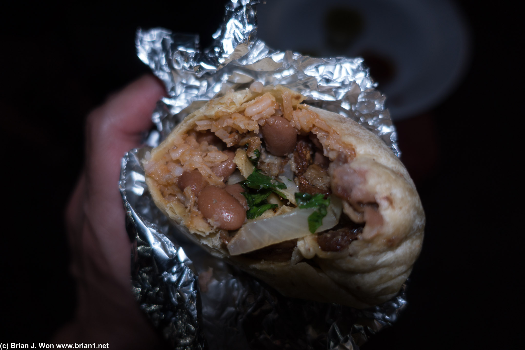 The taco truck across from The Palladium does a tasty tripas burrito.