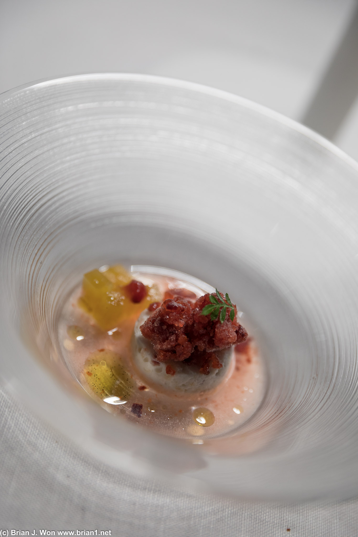 Mousse of peach and plum granita, vanilla oil and...? Good, nice balance of flavors and different levels of sweetness.