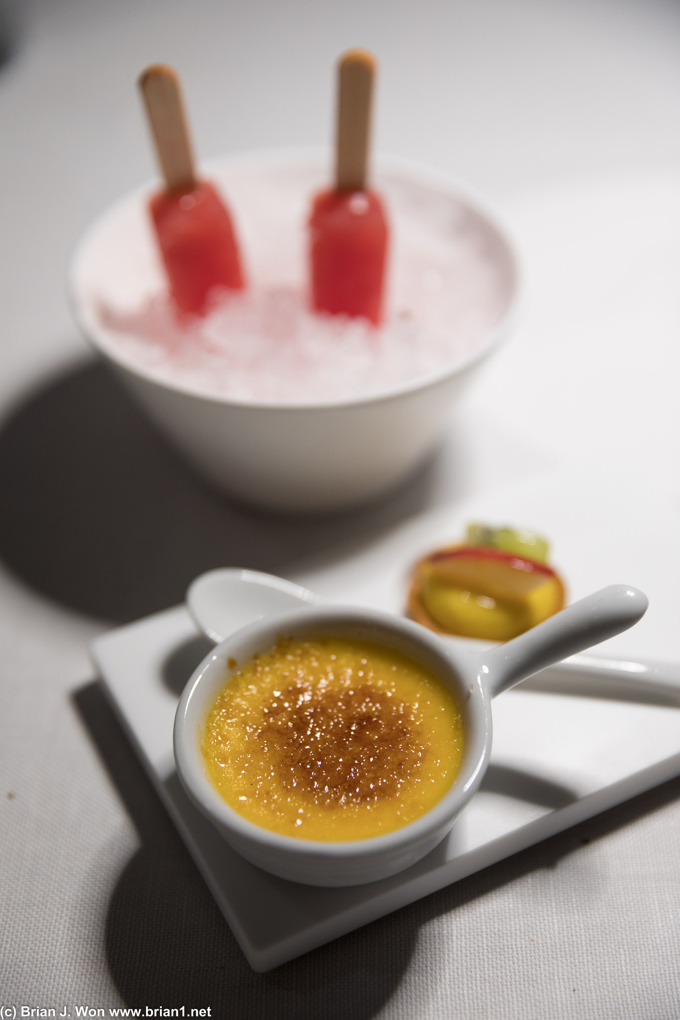 Crème brulee, cream with fruit, also watermelon and mint ice. A missed opportunity to shine.