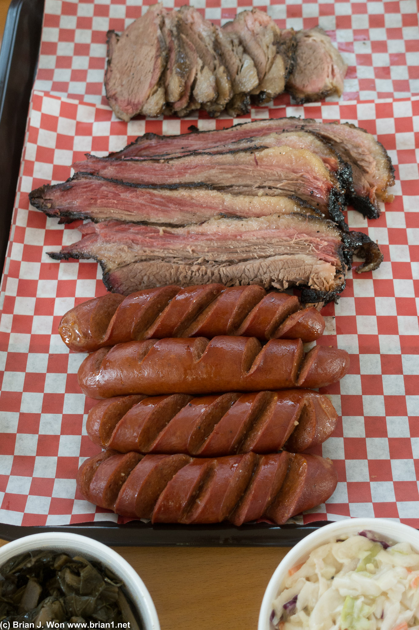 Top to bottom: tri-tip, beef brisket, hot links (best of the three, tho everything was good enough).