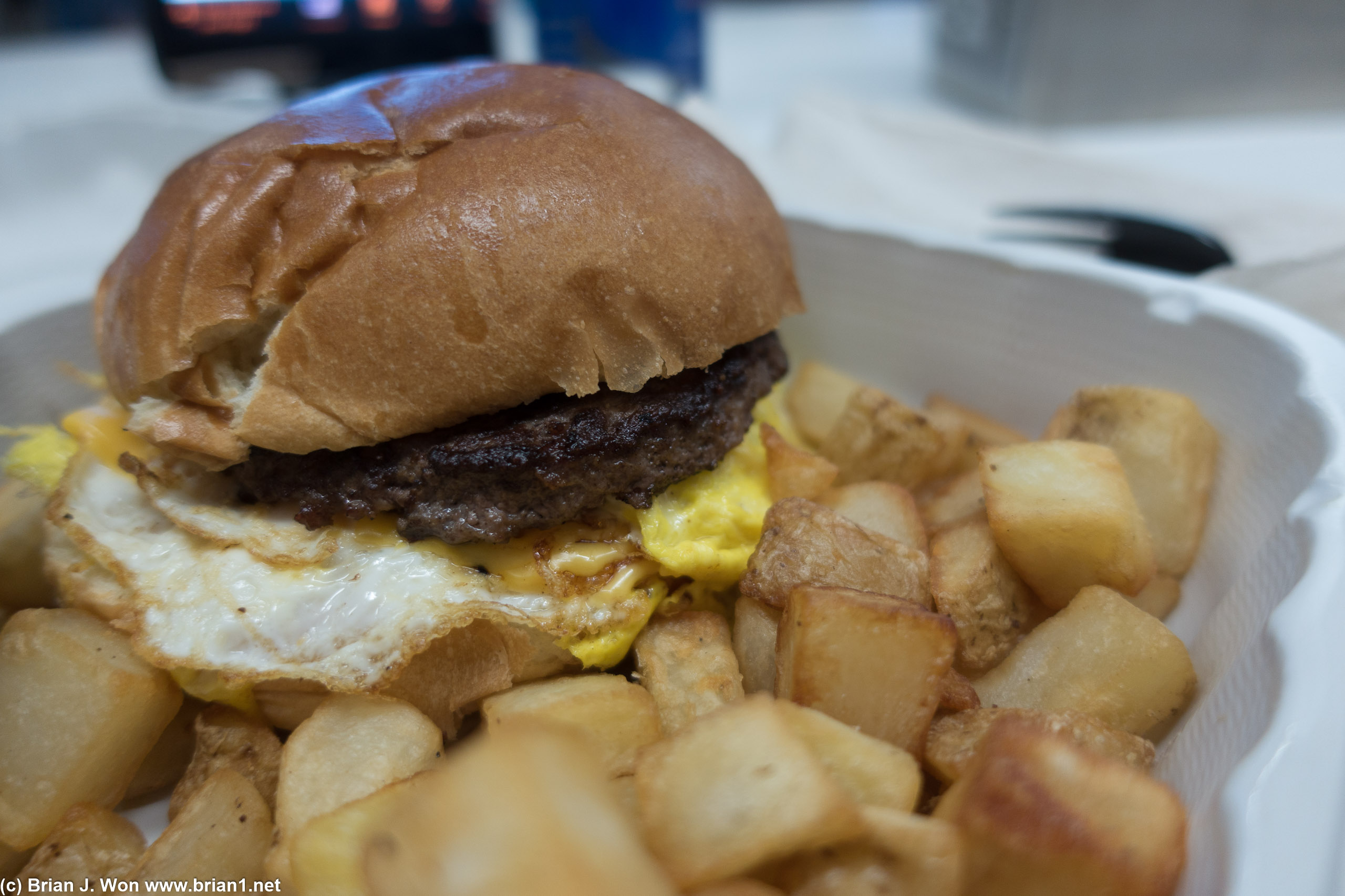 Breakfast burger from Eggy Weggy at the food court, EWR Terminal C. Not bad.