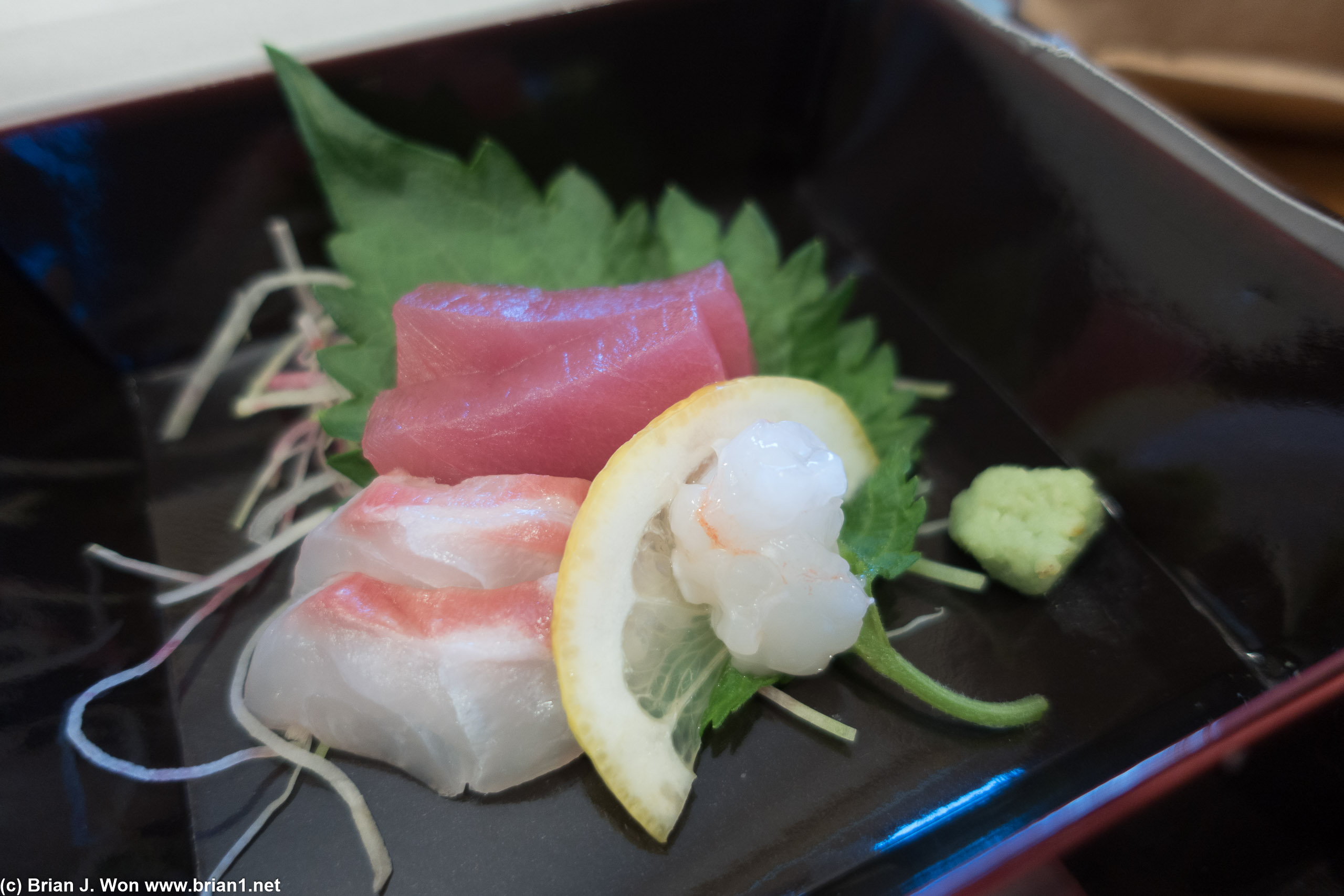 Red snapper, botan ebi, and tuna sashimi.