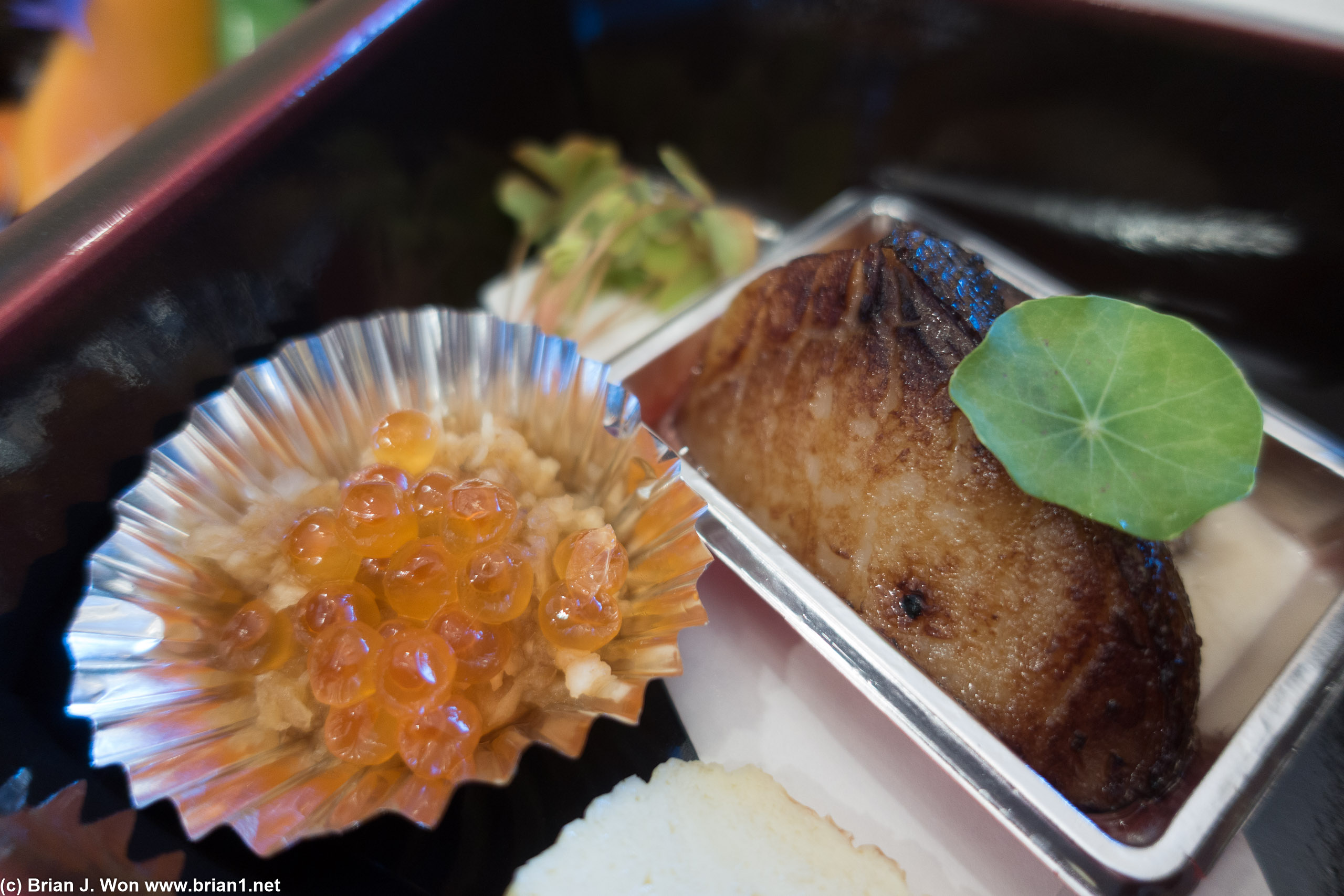 Grilled seasonal fish (kinki? cod?) next to ikura, daikon, and sansho to mix.