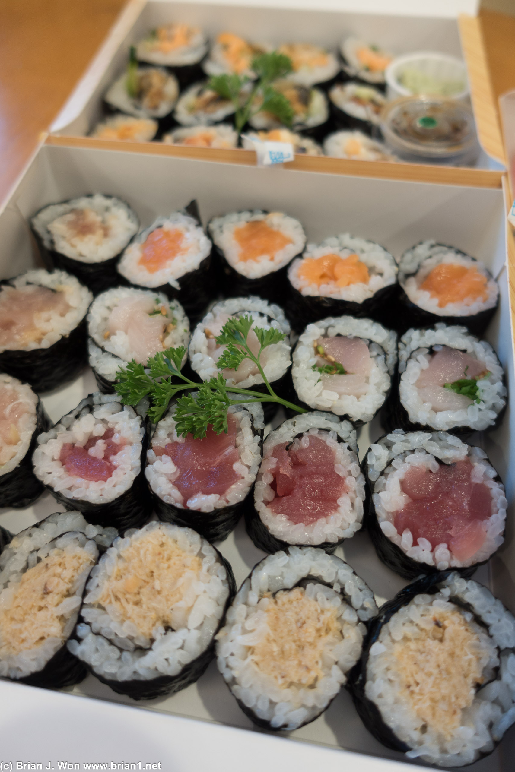 5 roll box. Crab, tuna, yellowtail, salmon, and albacore.