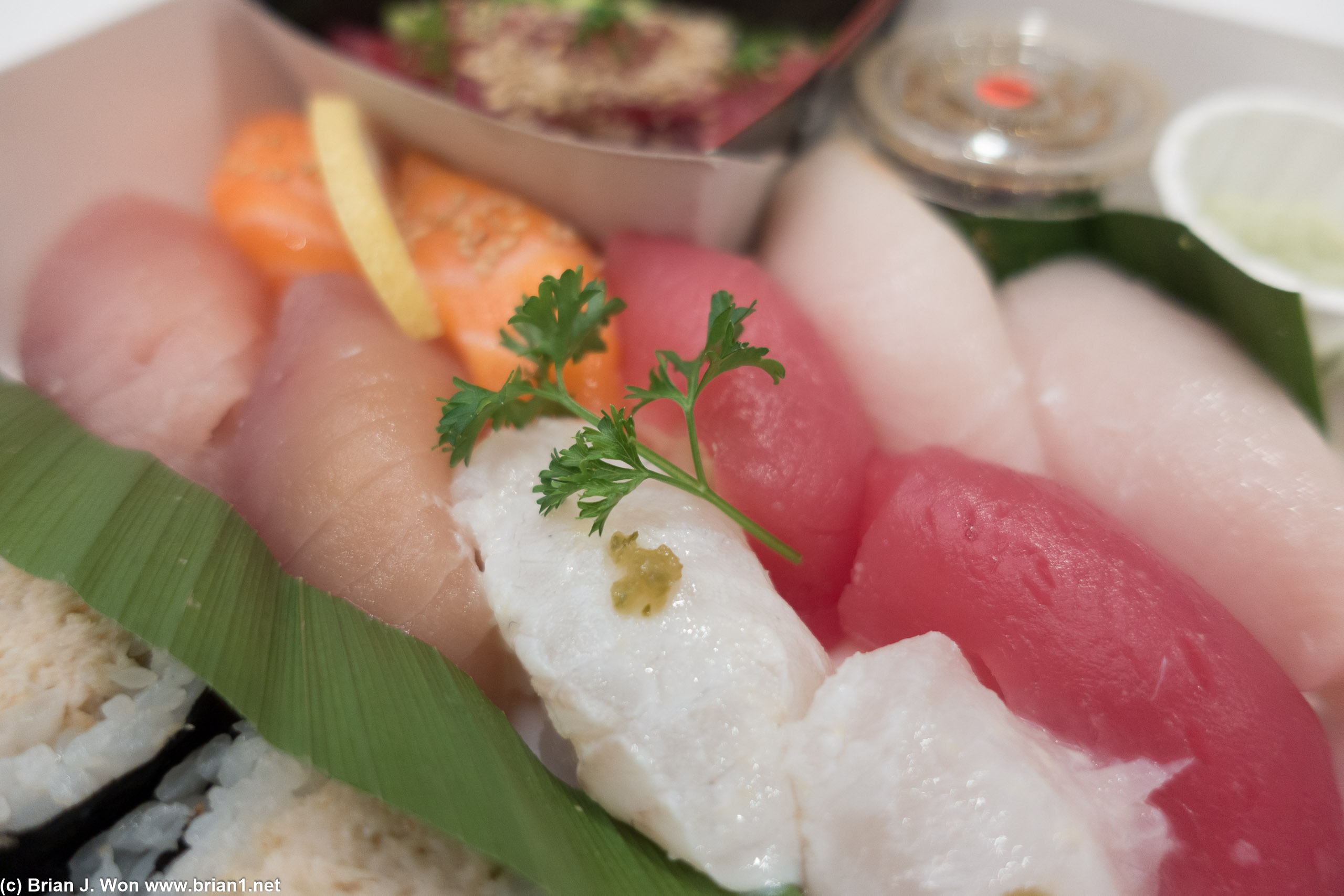 Clockwise from left: kanpachi (amberjack), salmon, snapper, maguro (ahi tuna), and I think flounder?