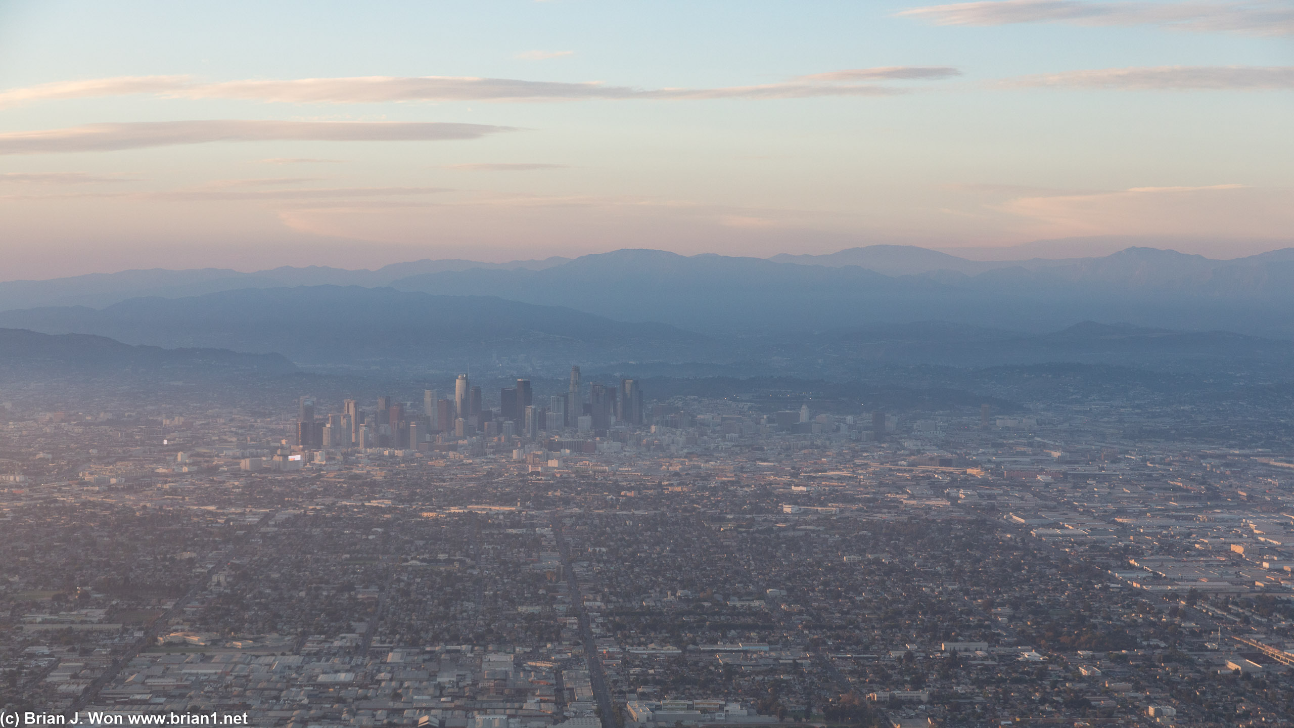Passing by downtown Los Angeles on final approach to LAX.