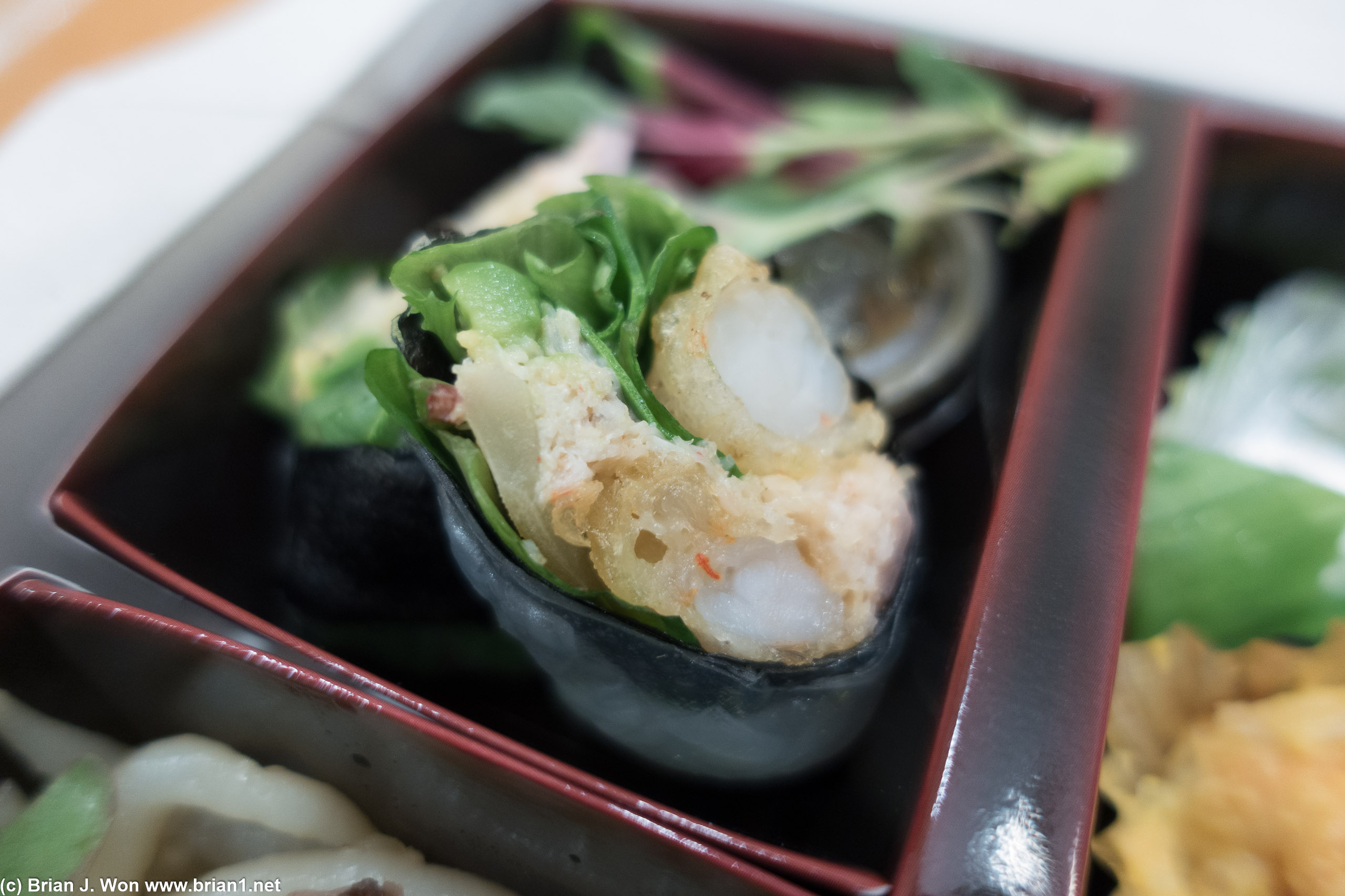Shrimp tempura spring roll with celtuce.