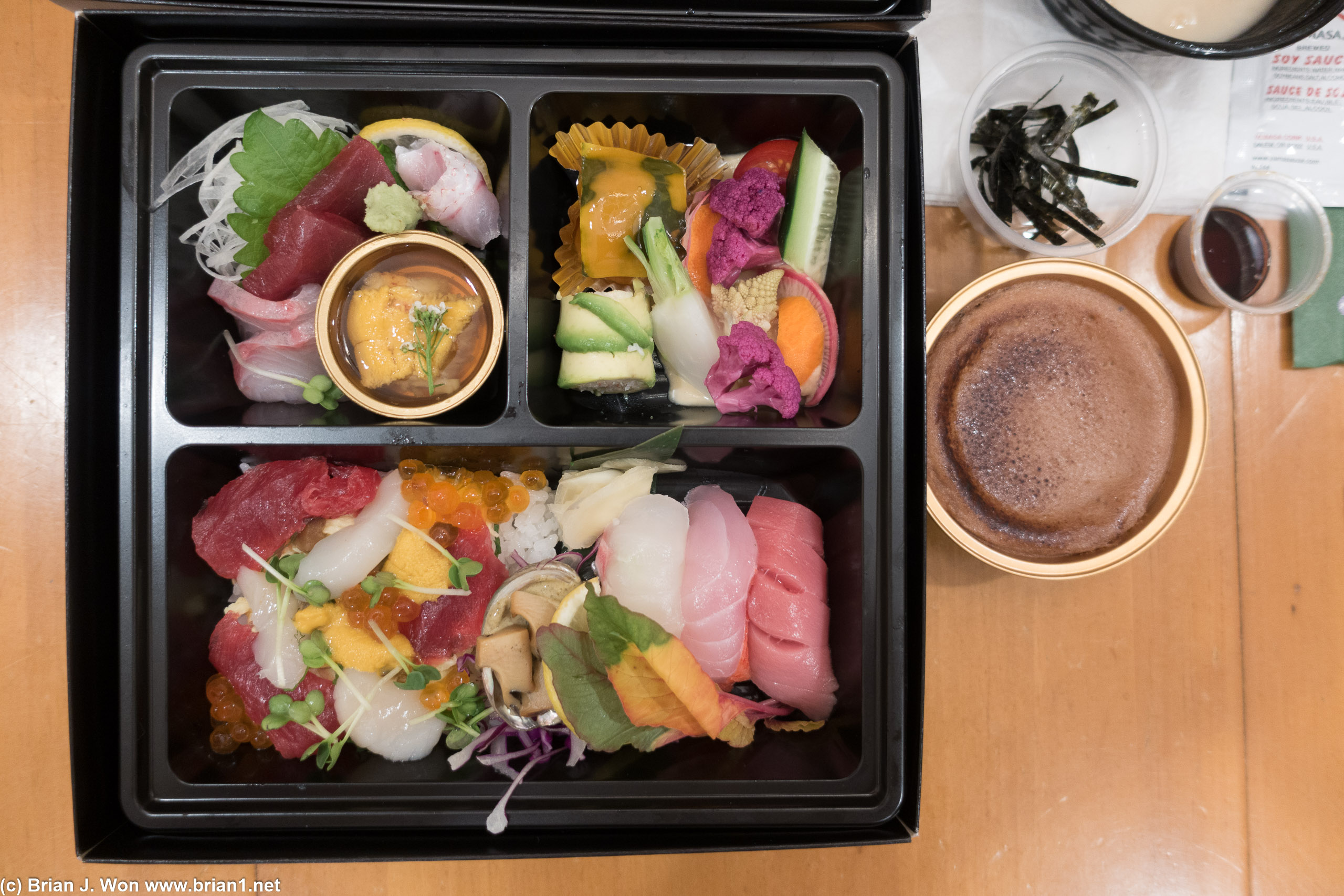Chirashi, sushi, sashimi, pickled vegetables. Ahi tuna, ikura, abalone, uni....