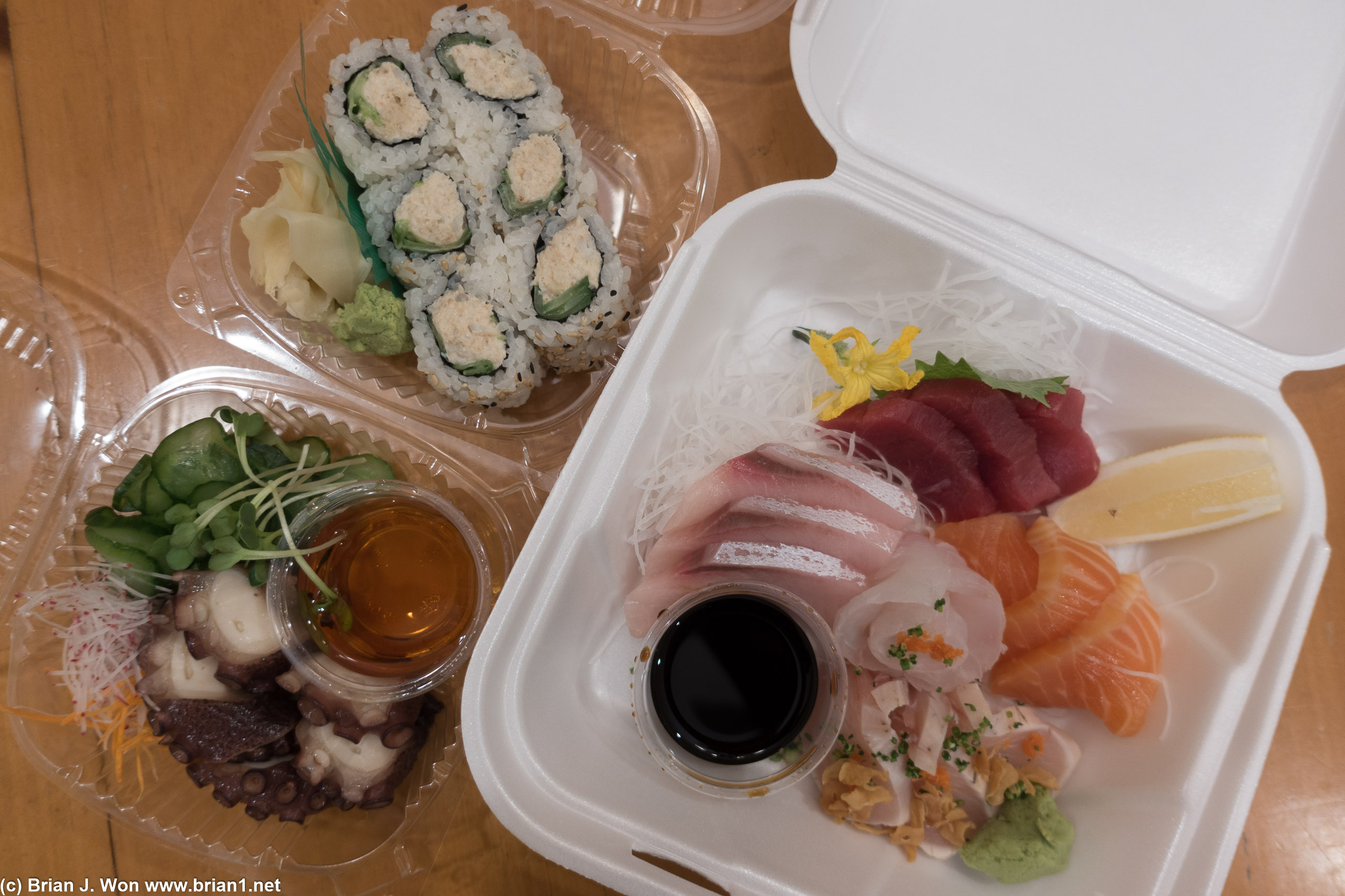 Sashimi plate, crab roll, octopus salad from Kiriko.