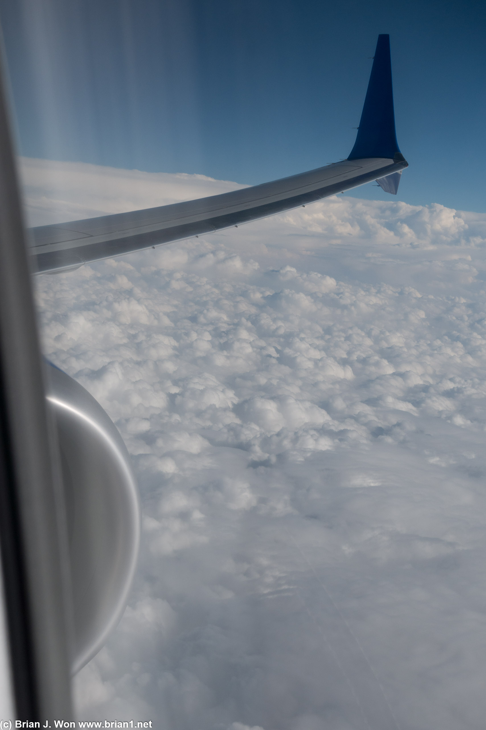 Fluffy clouds below as viewed from 38,000 feet.