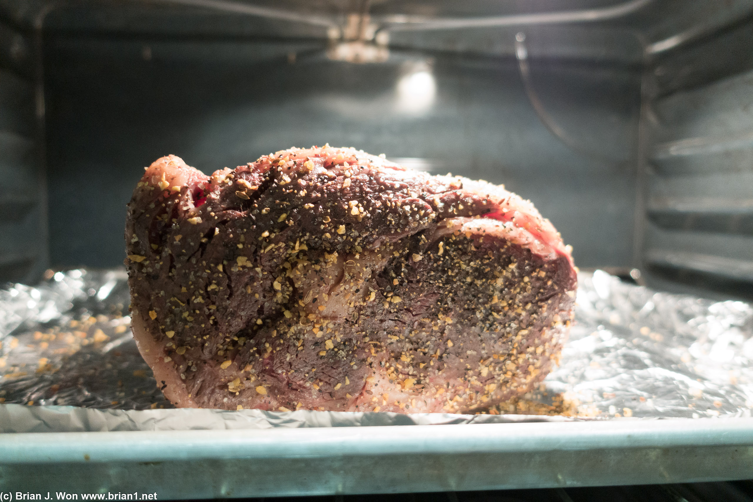 Sous vide prime rib being finished in the oven.