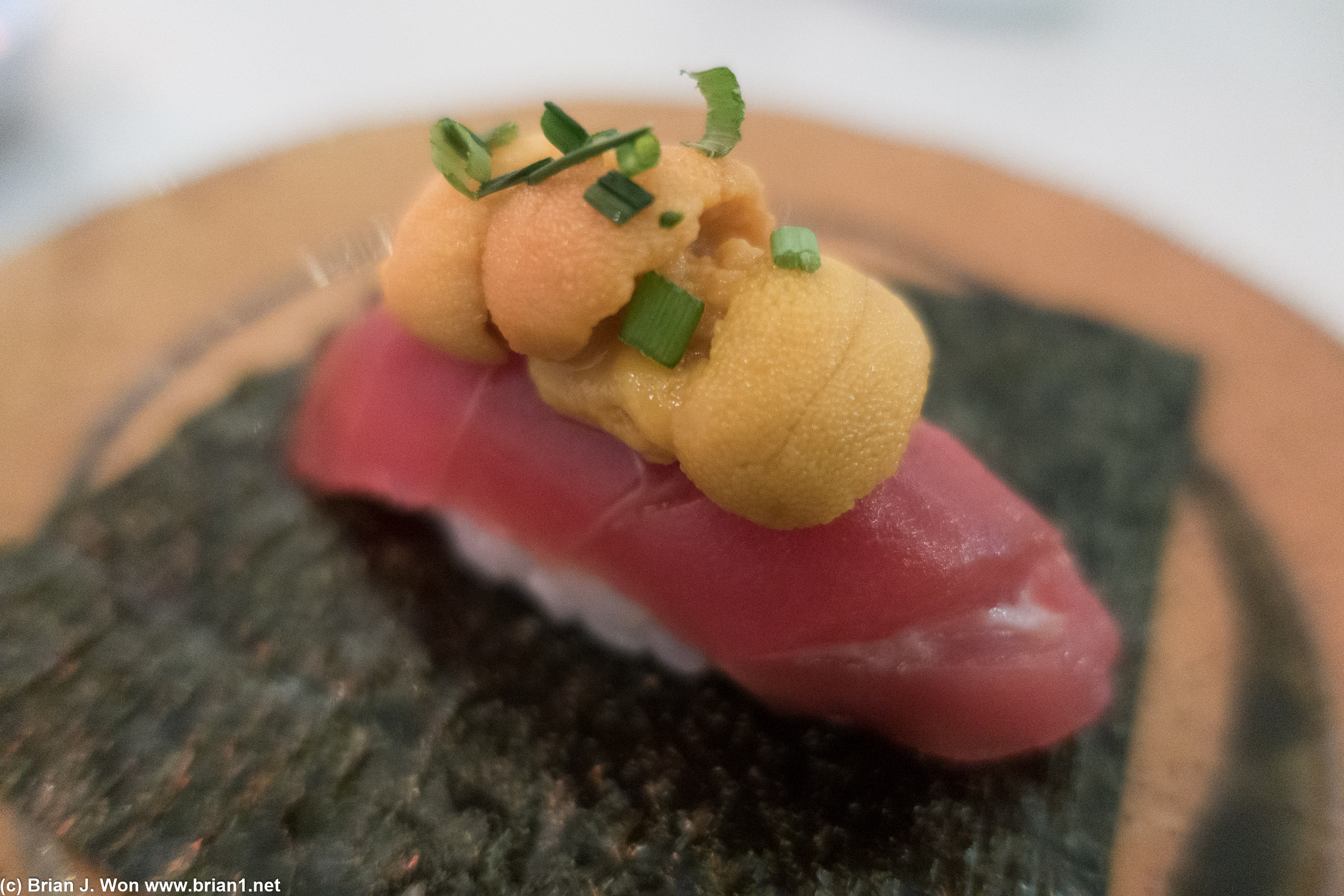 Japanese bluefin tuna topped with Japanese uni.