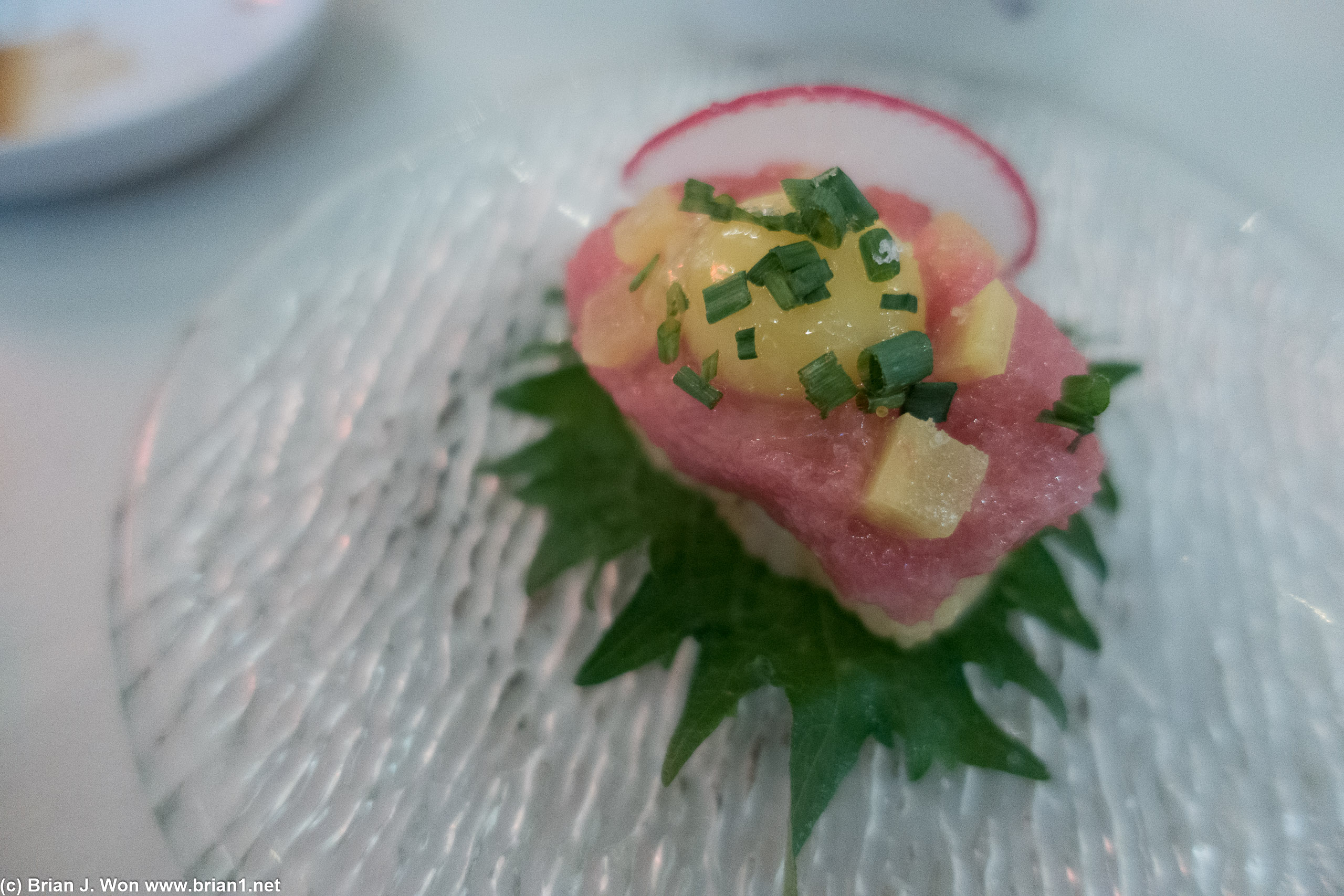 Rice with uni butter (?), chopped toro, quail egg, radish, shiso leaf. Some harmony in the flavors and textures.
