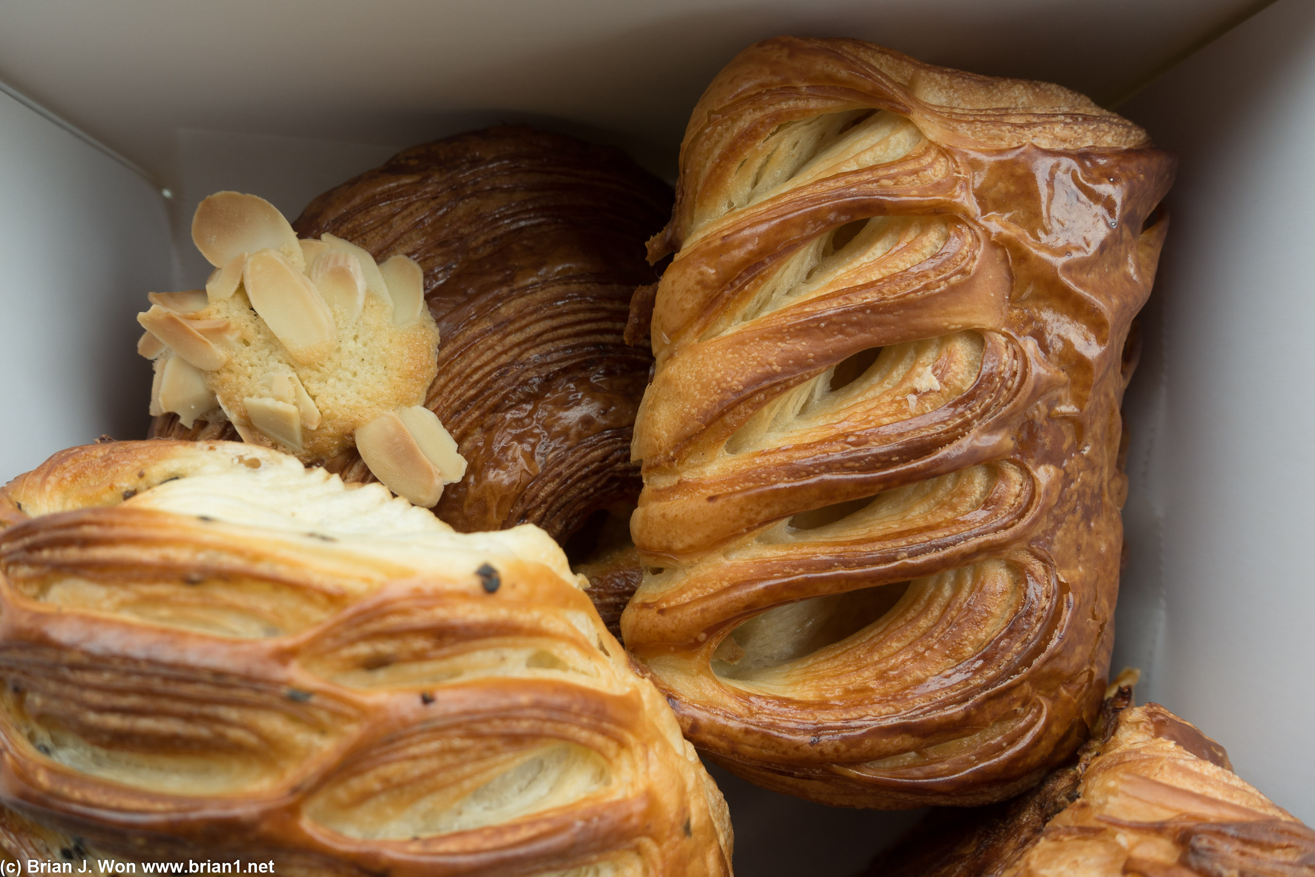 Close-up of the almond (bottom) and pain au chocolat (top).