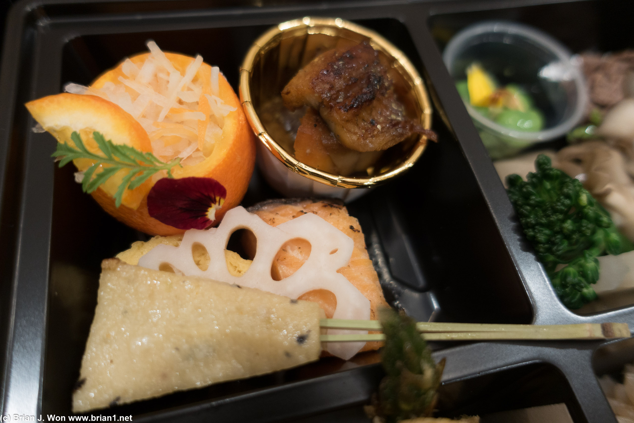Daikon mandarinquat salad, dashi tamagoyaki, lobster shrimp matsukaze, unagi, miso salmon.