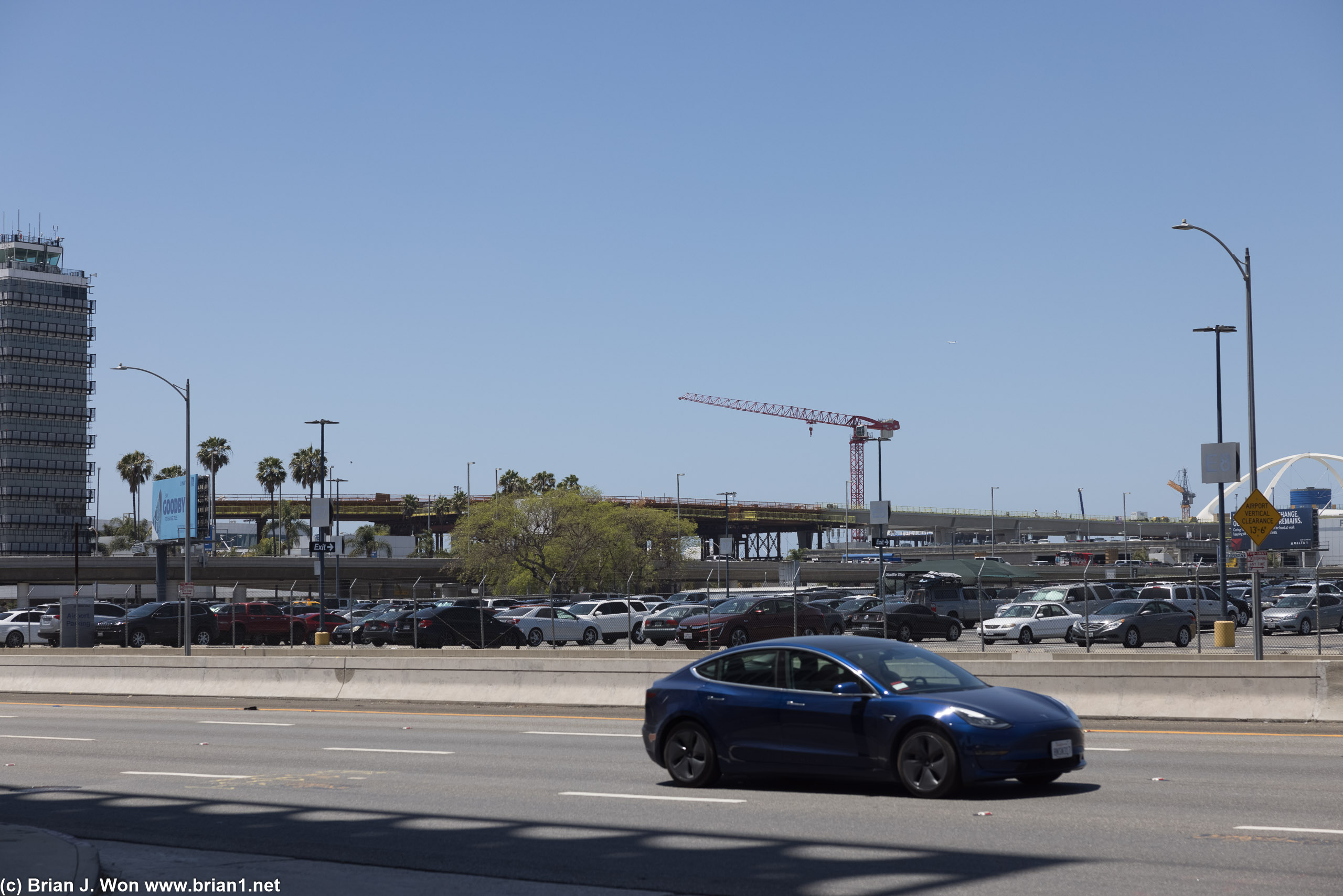 As viewed from across Sepulveda, the automated people mover's progress.