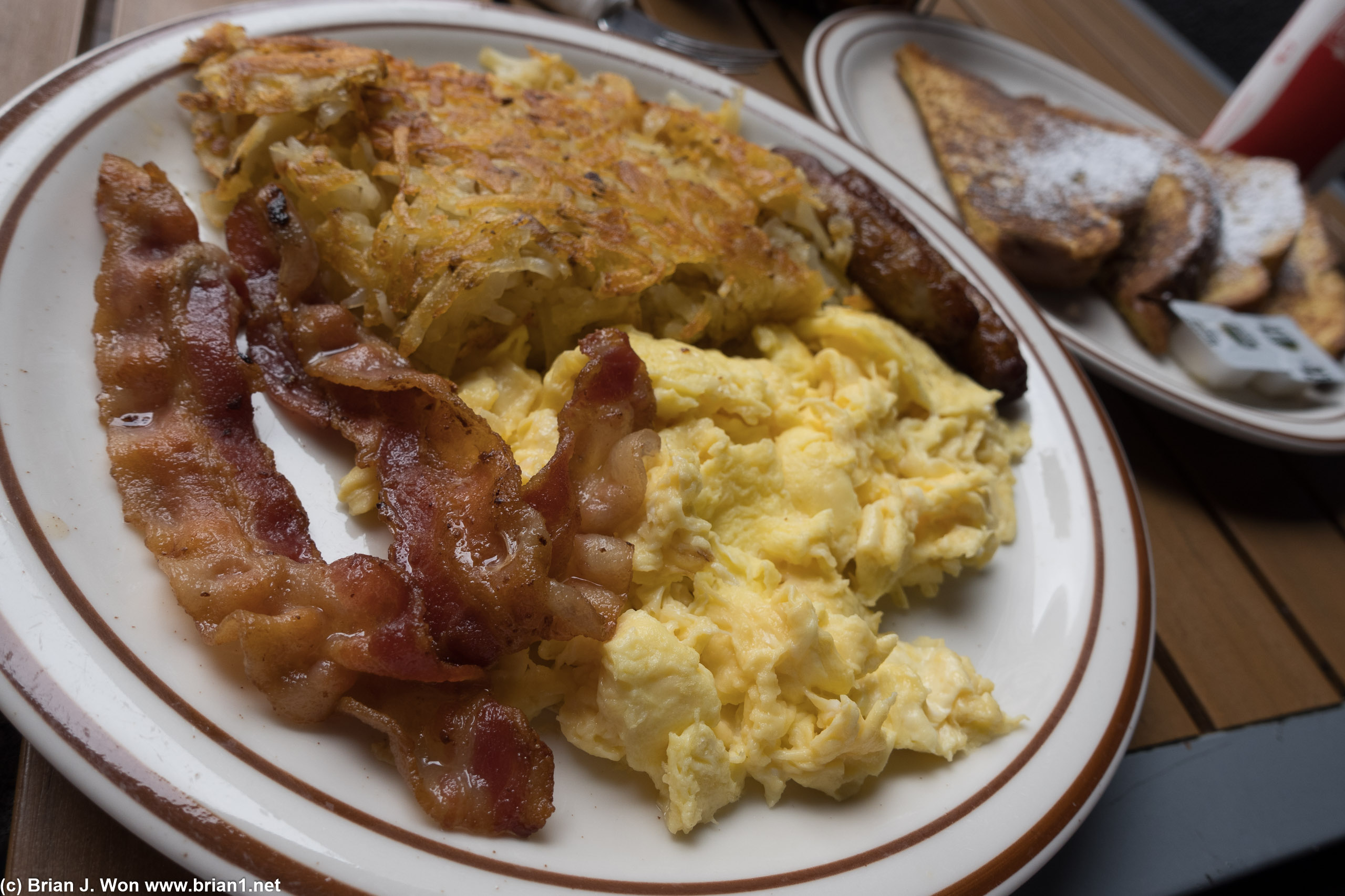 Hash browns are tasty, and that's a generous portion of eggs and bacon.