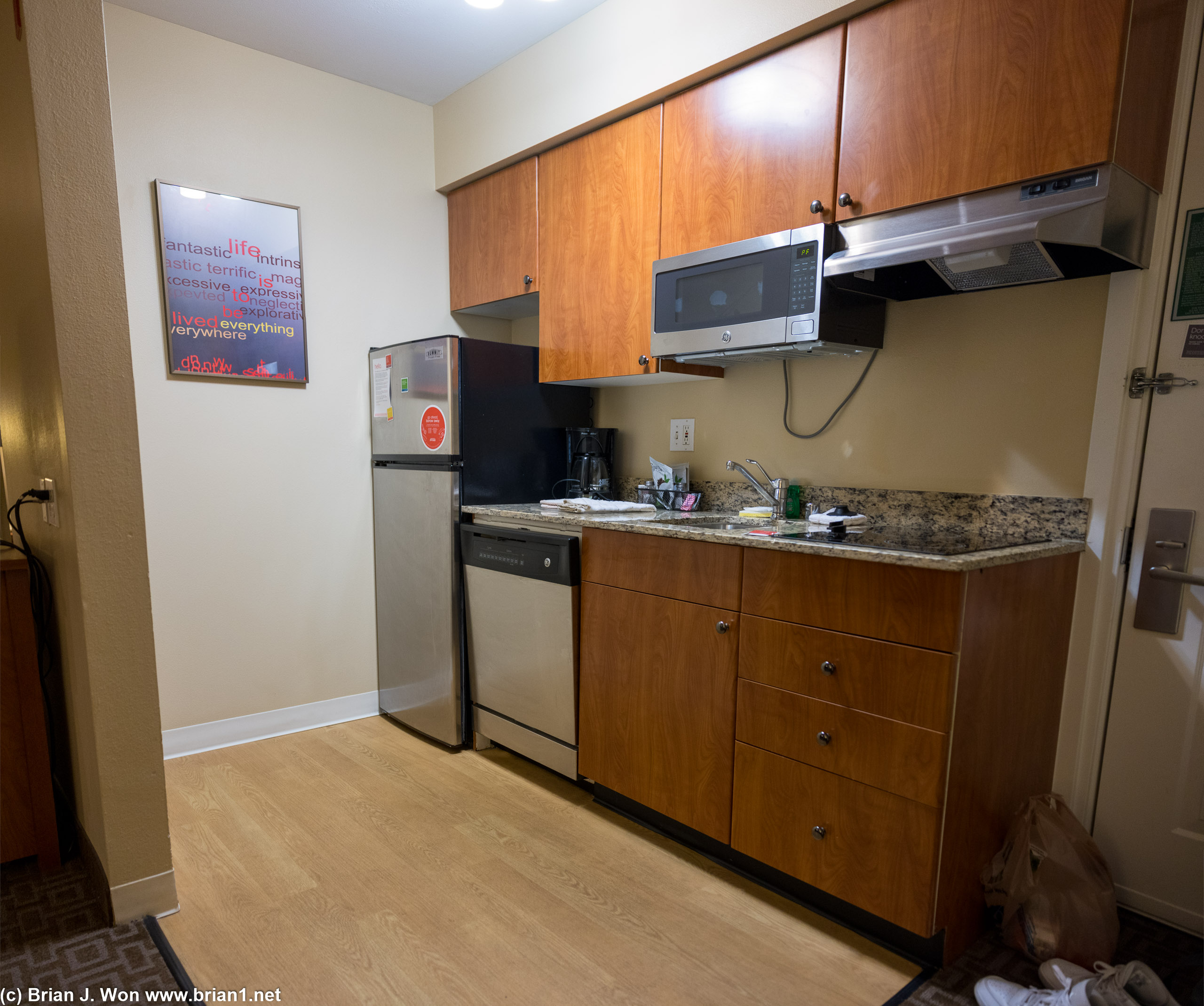 Kitchenette at the local TownePlace Suites