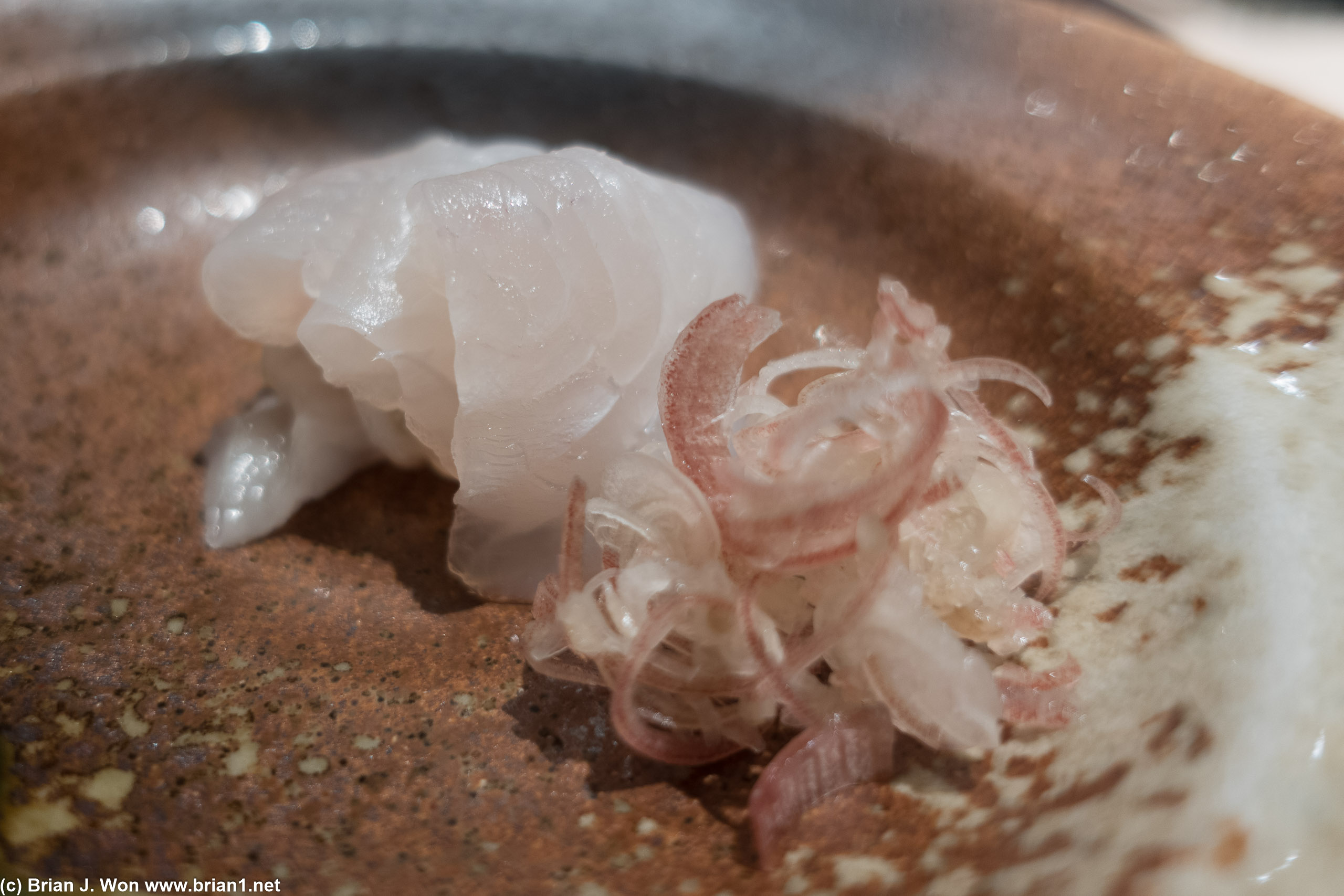 Hirame (halibut) and mizoy ginger (sp?). Almost onion-like. No soy sauce.