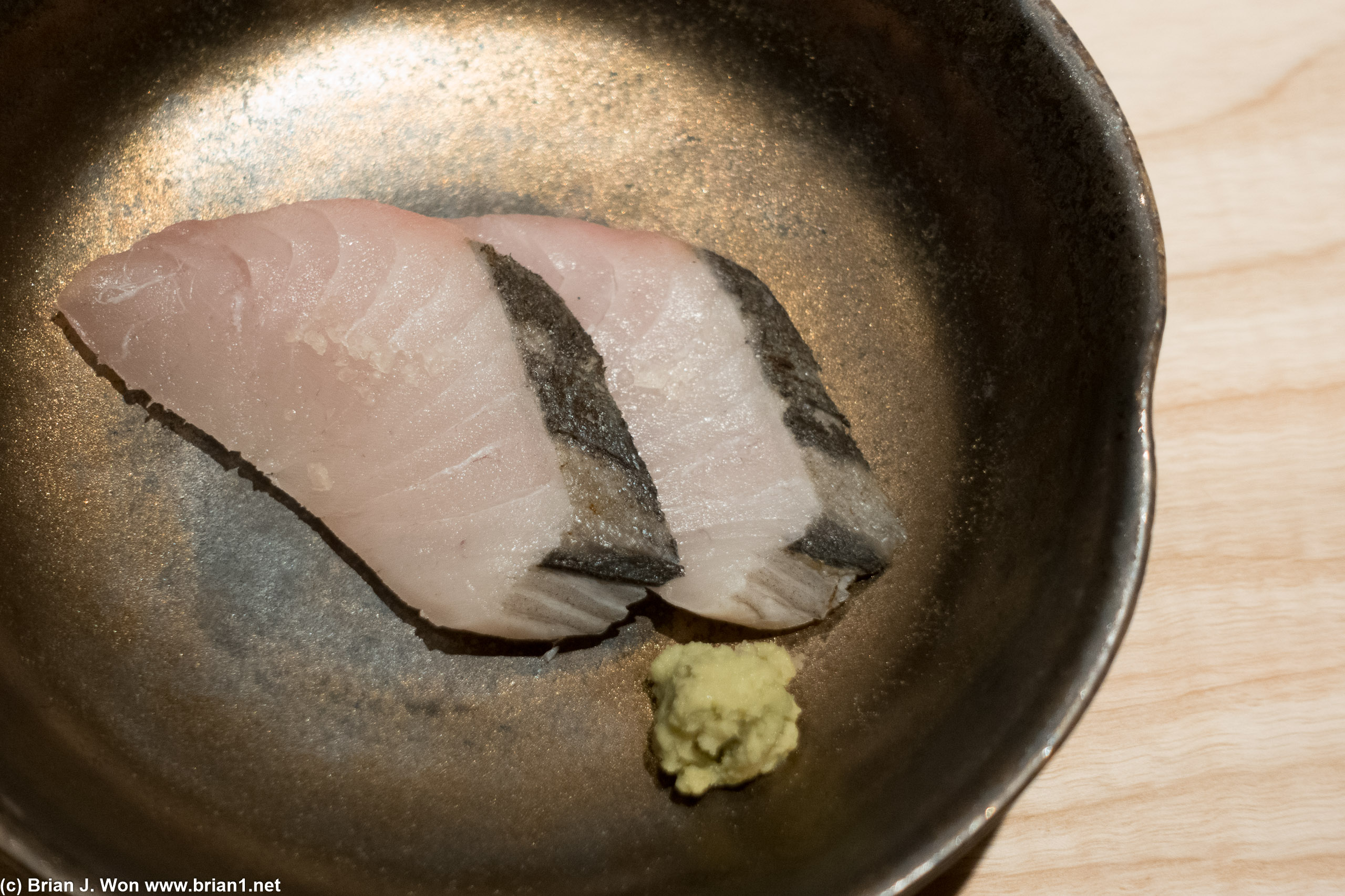 Japanese king mackerel, smoked with green tea. Topped with Australian sea salt.