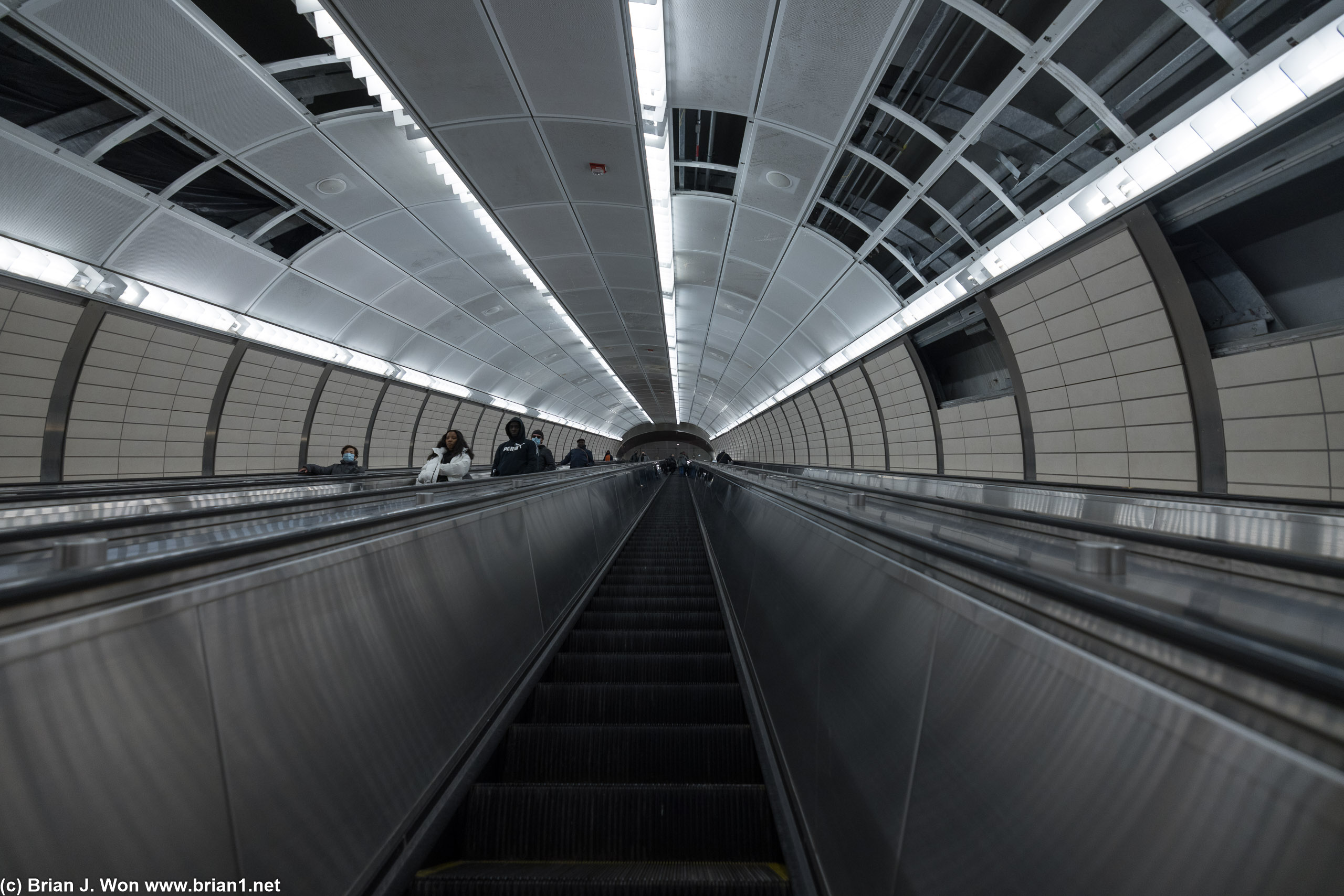Long subway escalators.