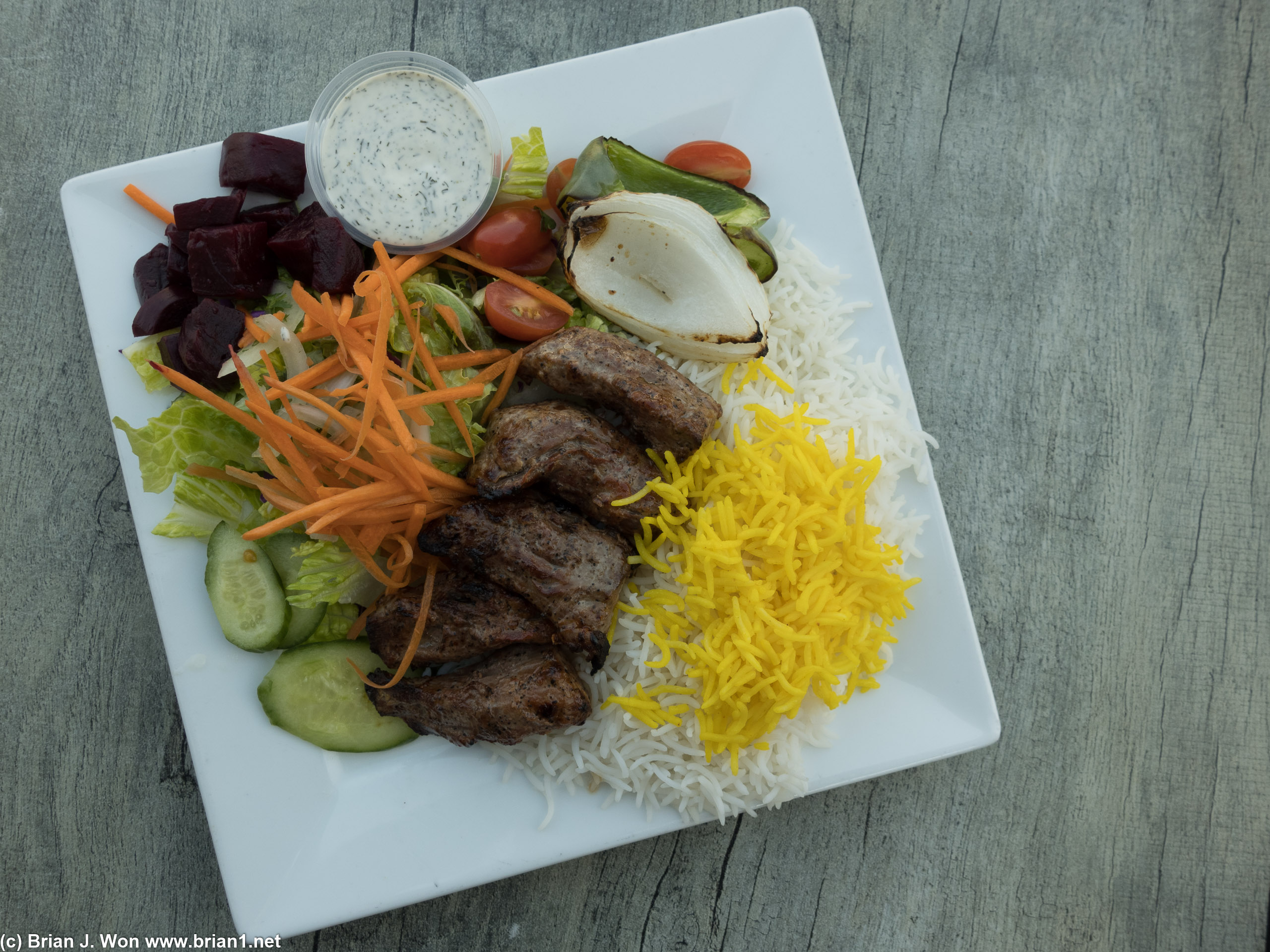 Lamb kebab plate.