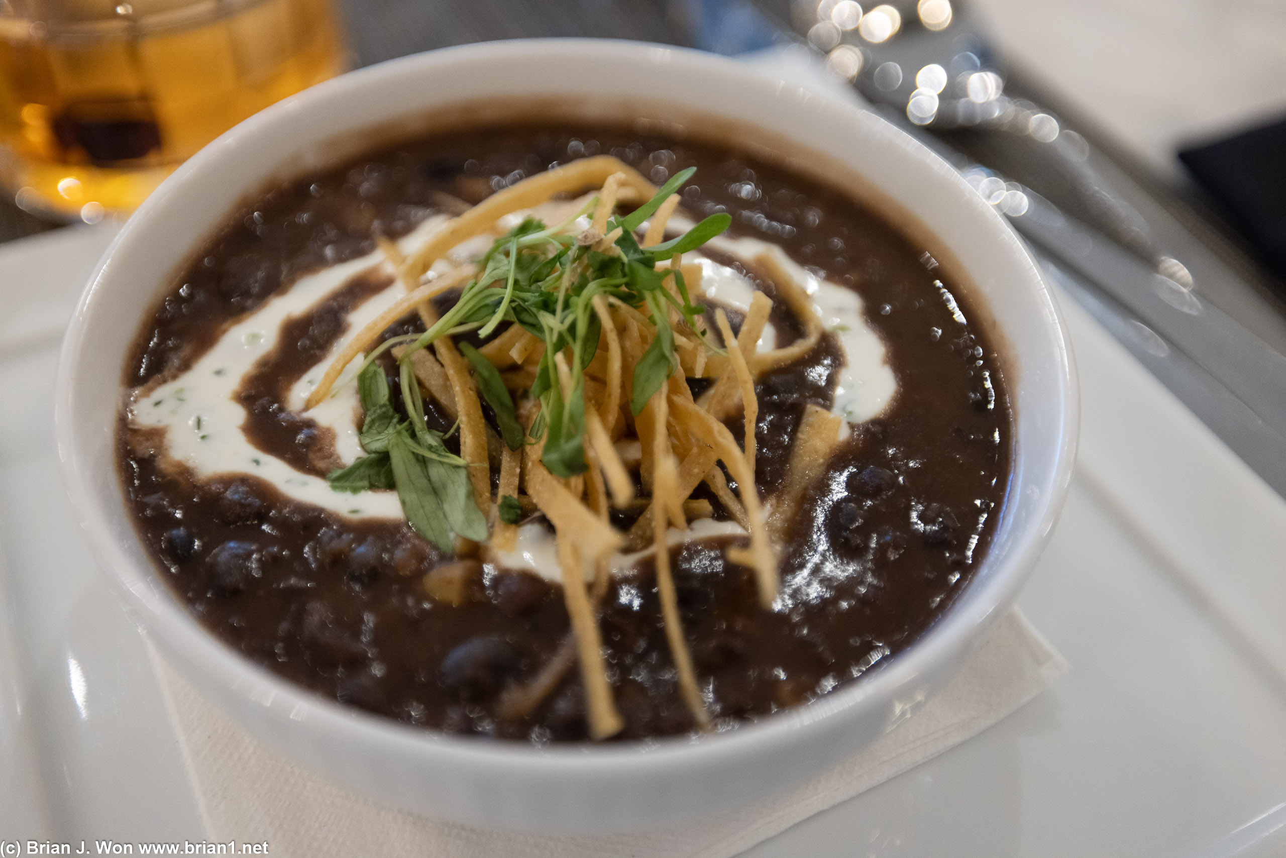 Black bean corn soup was also elegant presented (for an airline club).