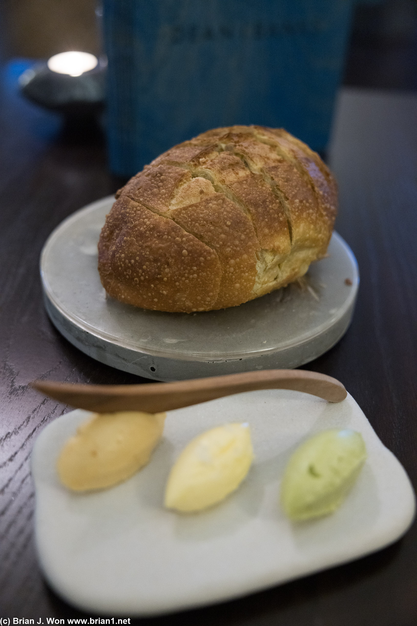 Bread with selection of butters-- miso, regular, and asparagus.