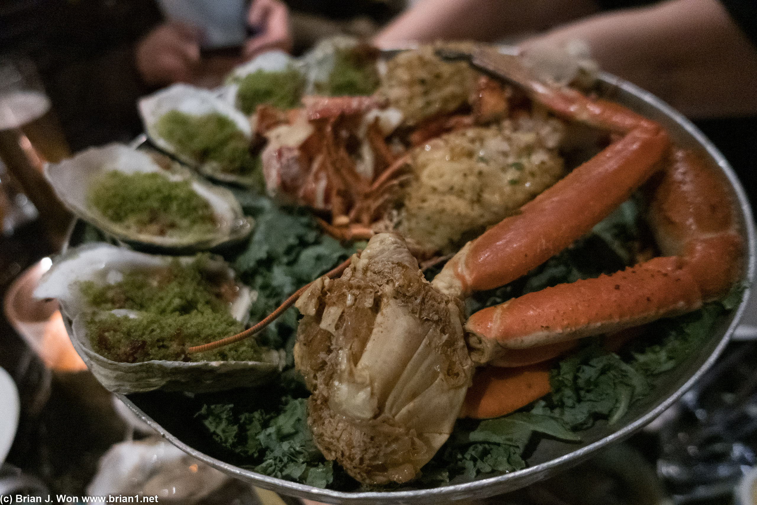 Lobster, oysters rockefeller, crab legs.